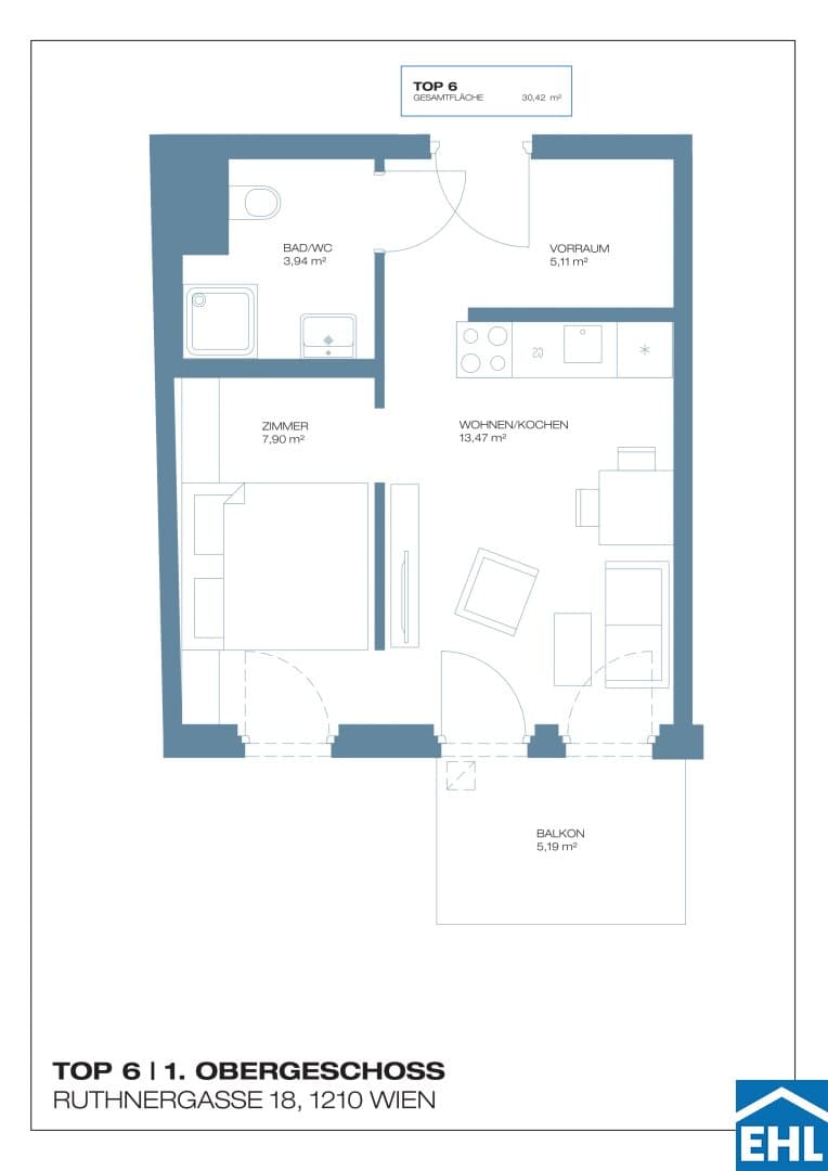 Grundriss Top 6 — Ruthnergasse 18 — 2 Zimmer — 30 m² — 1st floor