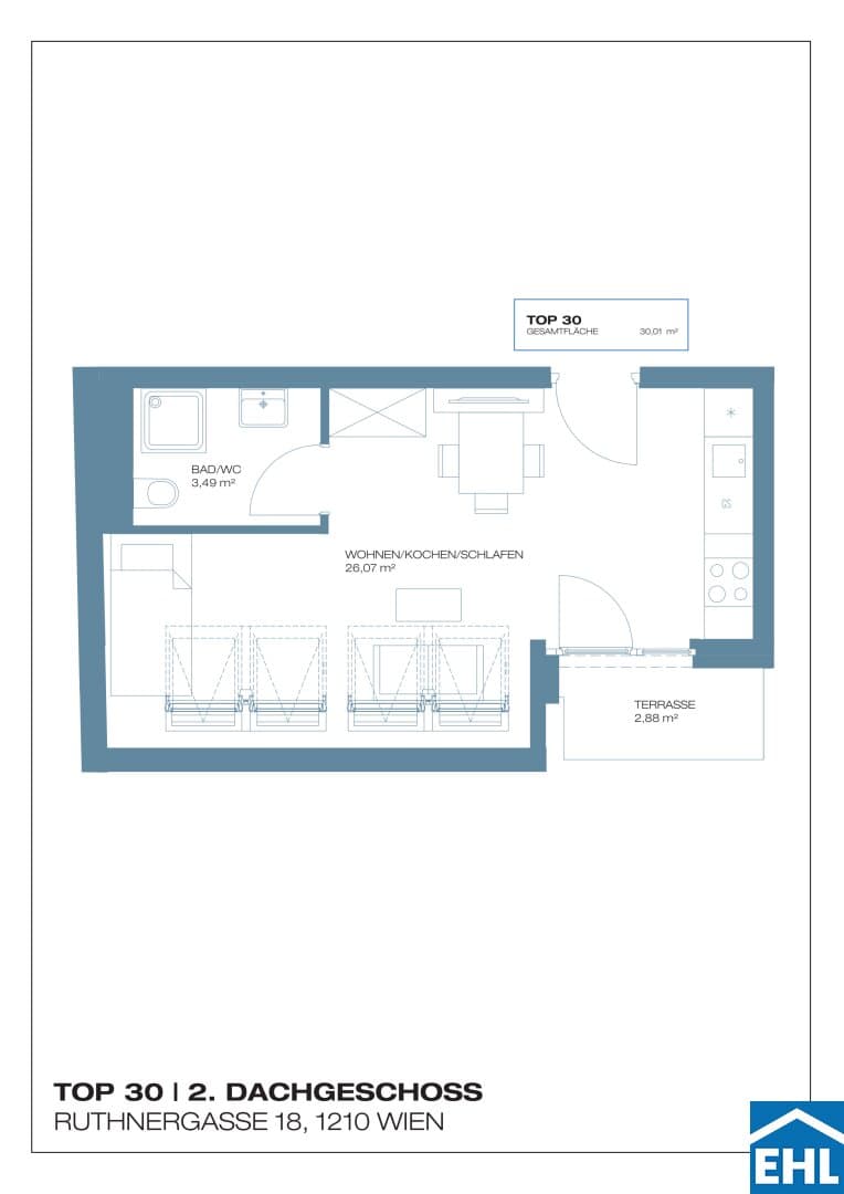 Grundriss Top 30 — Ruthnergasse 18 — 1 Zimmer — 30 m² — 2nd attic floor