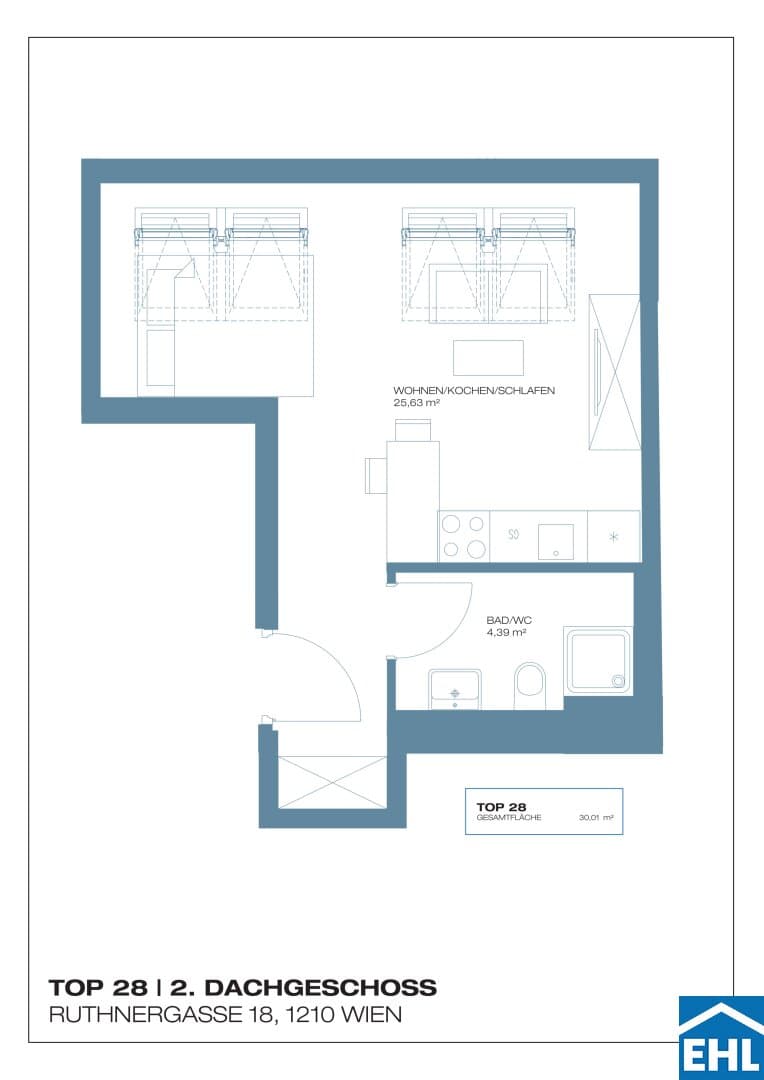 Grundriss Top 28 — Ruthnergasse 18 — 1 Zimmer — 30 m² — 2nd attic floor