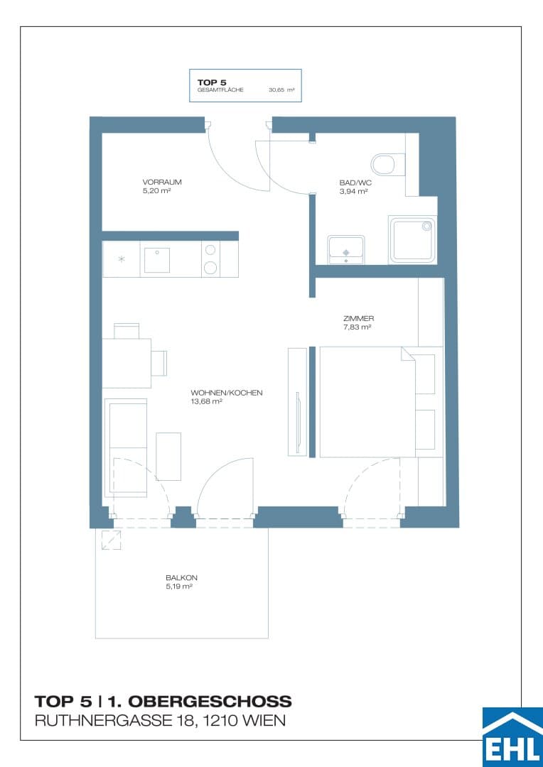 Grundriss Top 5 — Ruthnergasse 18 — 2 Zimmer — 31 m² — 1st floor