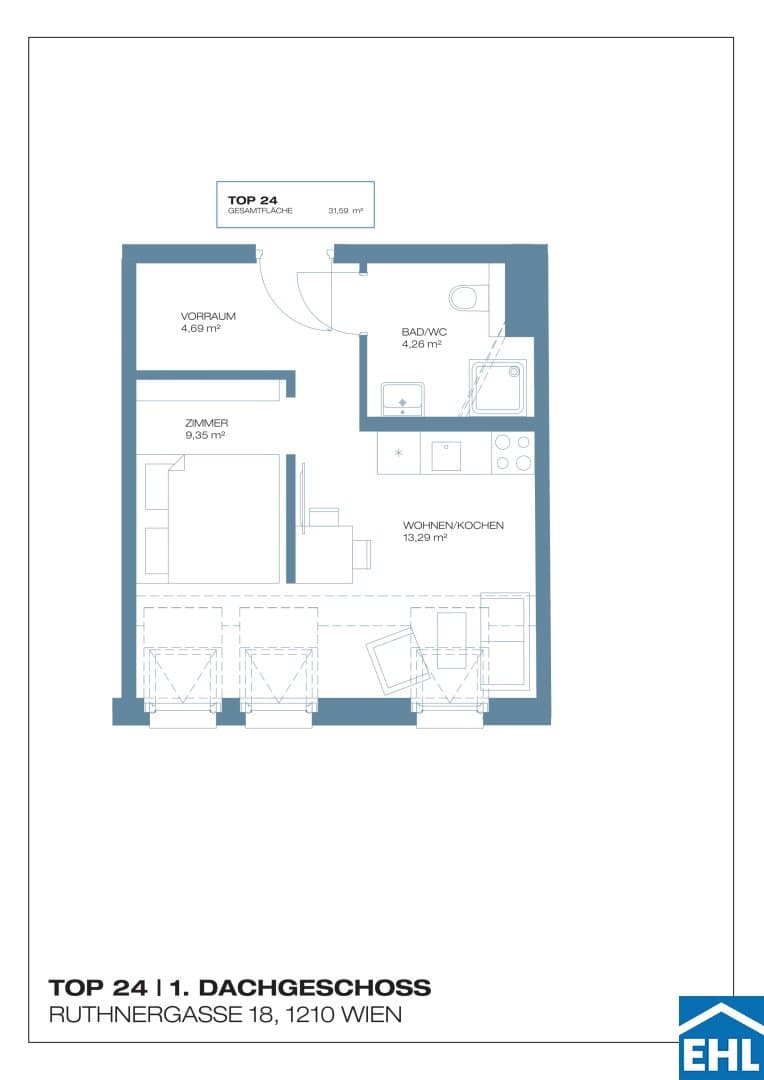 Grundriss Top 24 — Ruthnergasse 18 — 2 Zimmer — 32 m² — 1st attic floor