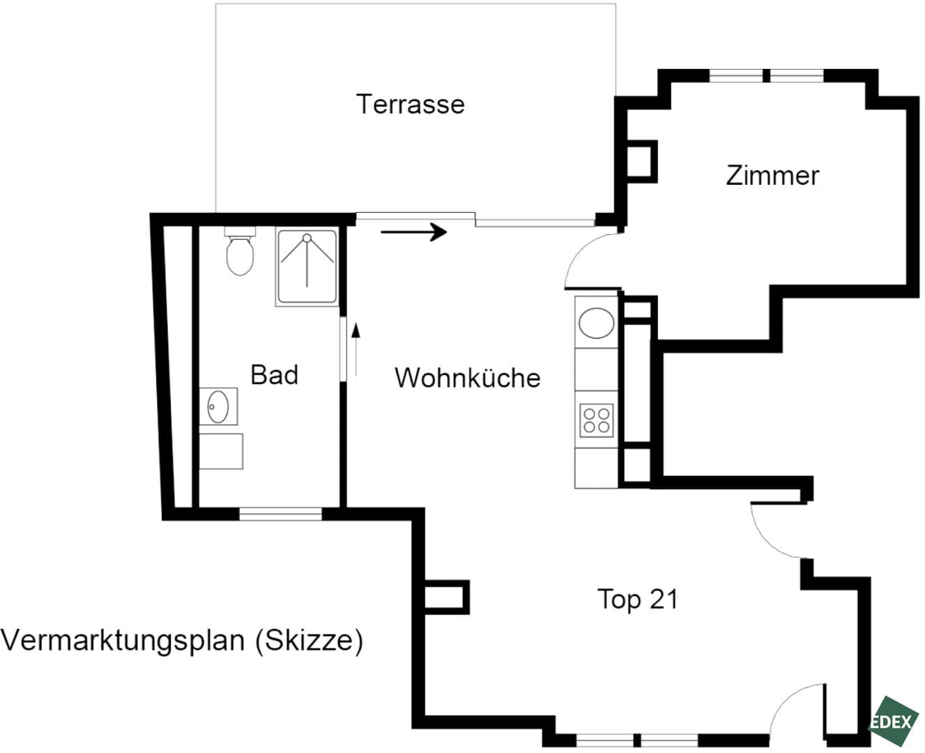 Grundriss Top 21 — Sandleiten 64 — 2 Zimmer — 58,7 m² — Attic floor — Terrasse, Hofruhelage