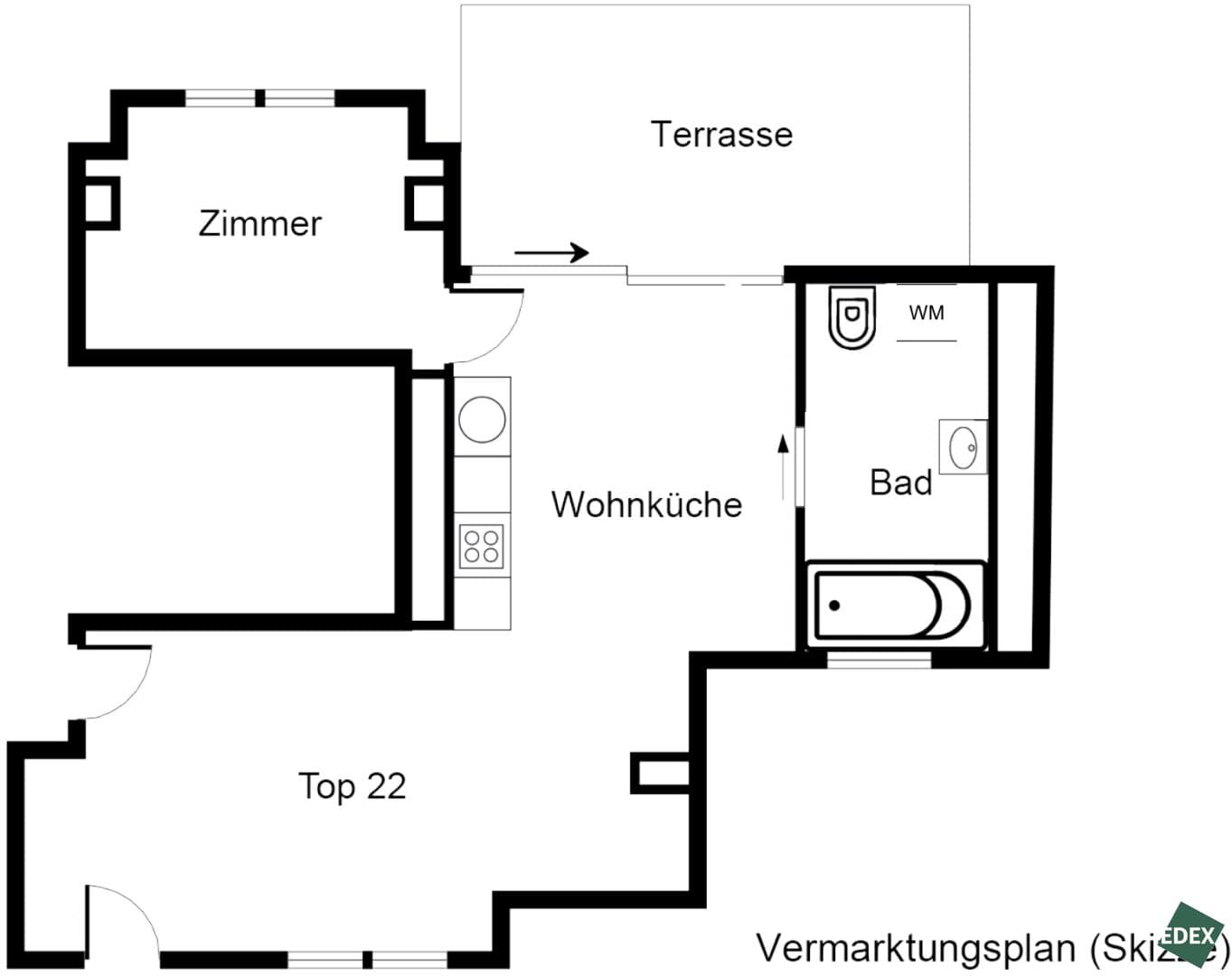 Grundriss Top 22 — Sandleiten 64 — 2 Zimmer — 58,6 m² — Attic floor — Terrasse