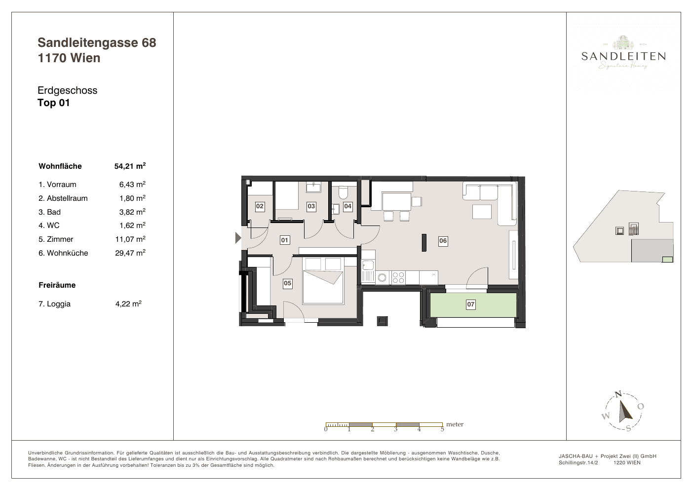 Grundriss Top 1 — Sandleitengasse 68 — 2 Zimmer — 54,2 m² — Ground floor — Loggia