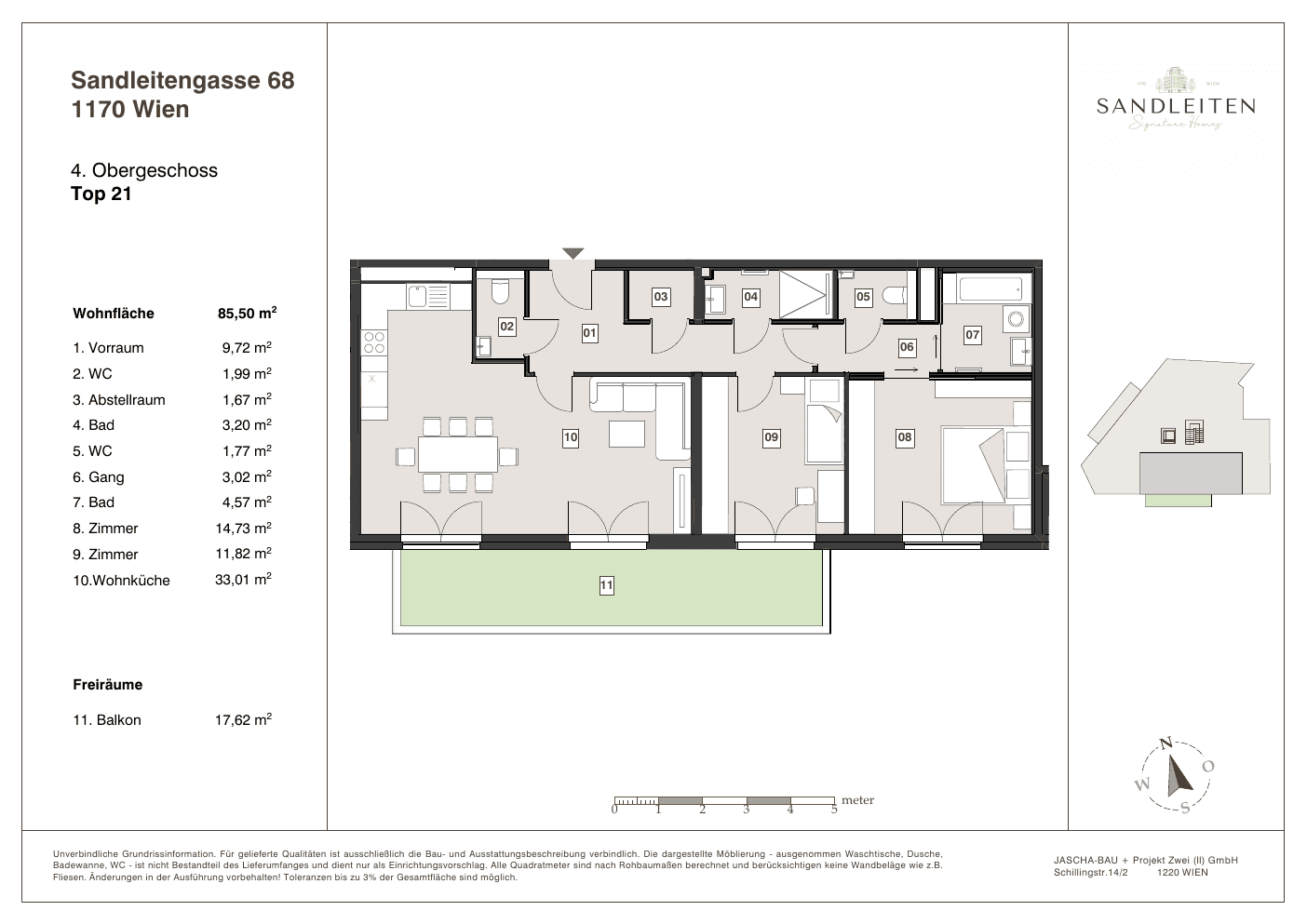 Grundriss Top 21 — Sandleitengasse 68 — 3 Zimmer — 85,5 m² — 4th floor — Balkon