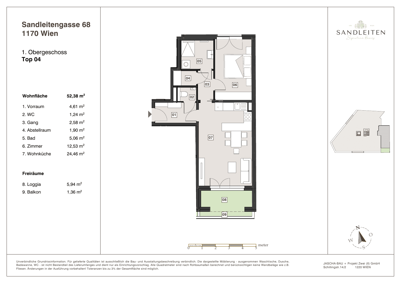 Grundriss Top 4 — Sandleitengasse 68 — 2 Zimmer — 52,4 m² — 1st floor — Loggia, Balkon