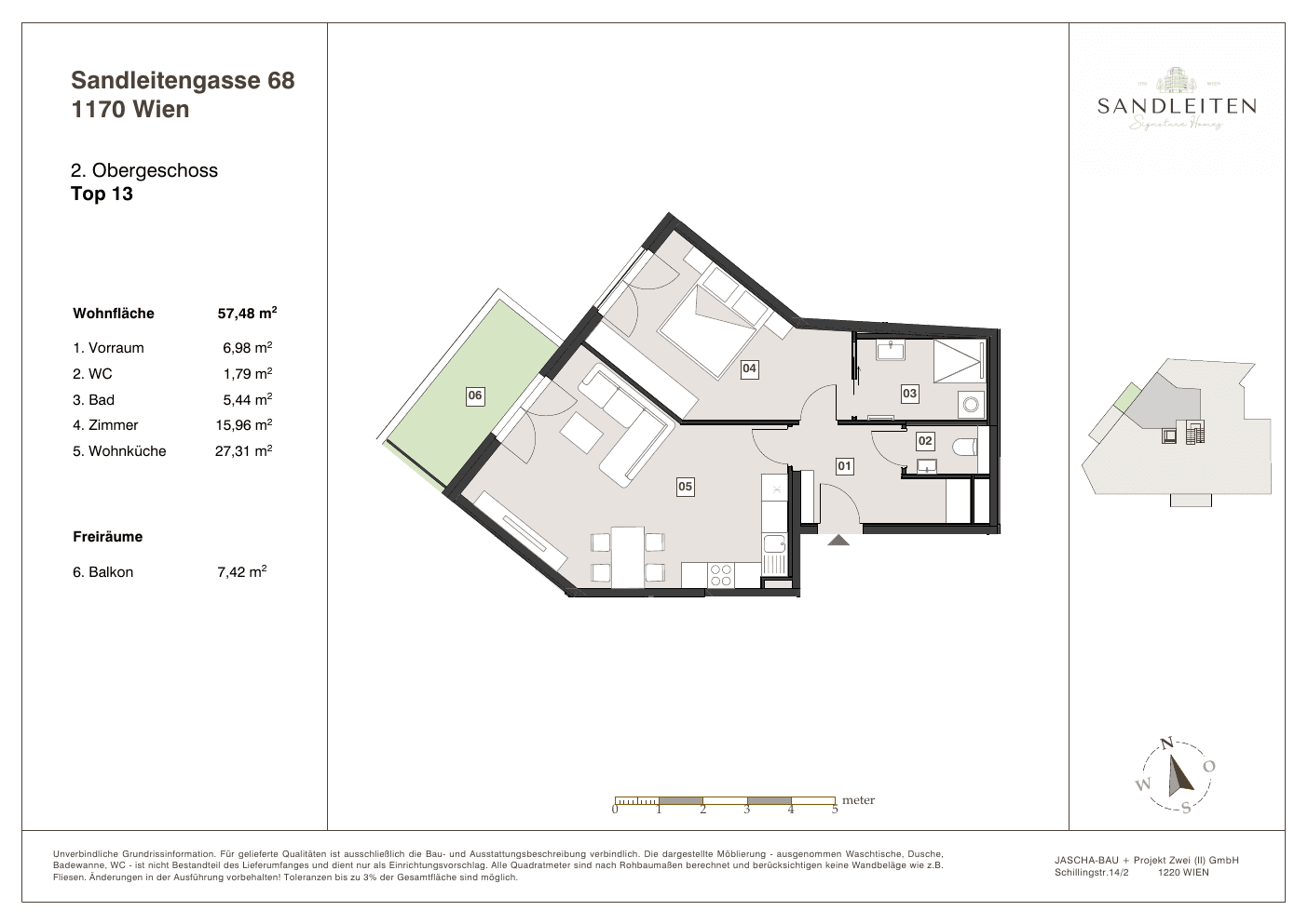 Grundriss Top 13 — Sandleitengasse 68 — 2 Zimmer — 57,5 m² — 2nd floor — Balkon