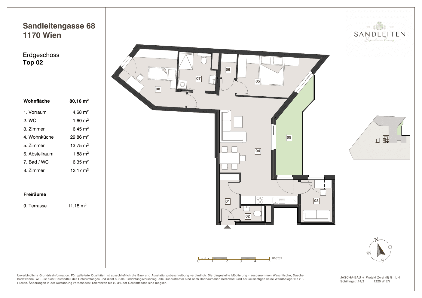 Grundriss Top 2 — Sandleitengasse 68 — 3.5 Zimmer — 80,2 m² — Ground floor — terrasse