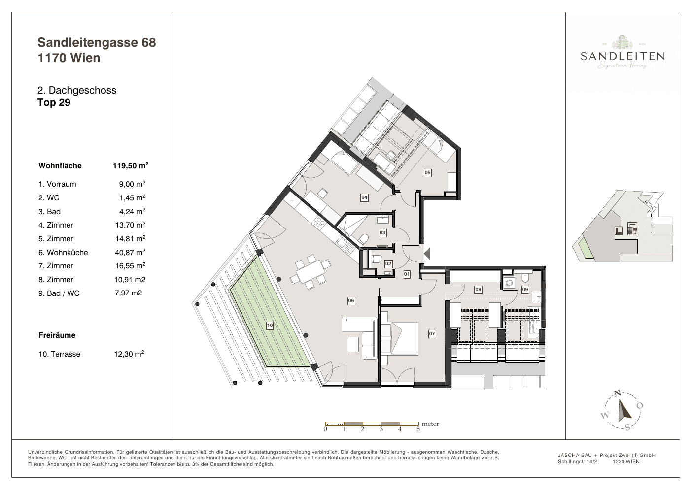 Grundriss Top 29 — Sandleitengasse 68 — 4 Zimmer — 119,5 m² — 2nd attic floor — Terrasse