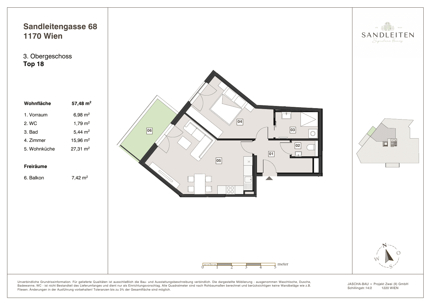 Grundriss Top 18 — Sandleitengasse 68 — 2 Zimmer — 57,5 m² — 3rd floor — Balkon