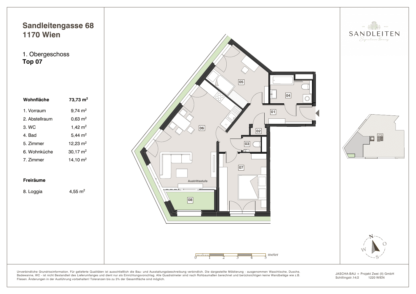 Grundriss Top 7 — Sandleitengasse 68 — 3 Zimmer — 73,7 m² — 1st floor — Loggia