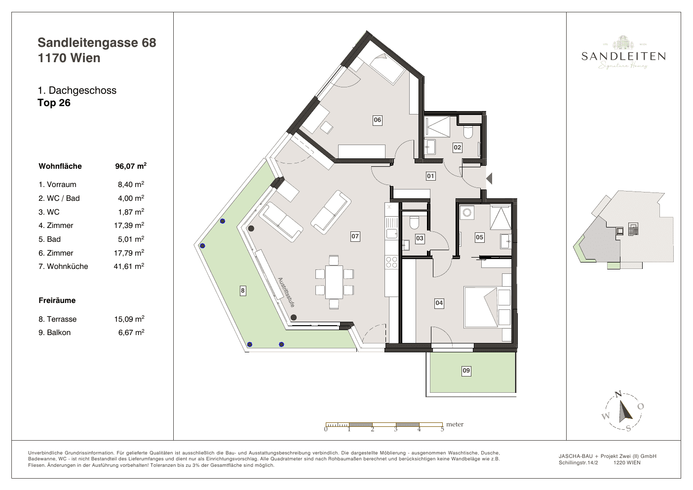 Grundriss Top 26 — Sandleitengasse 68 — 3 Zimmer — 96,1 m² — 1st attic floor — Balkon, Terrasse