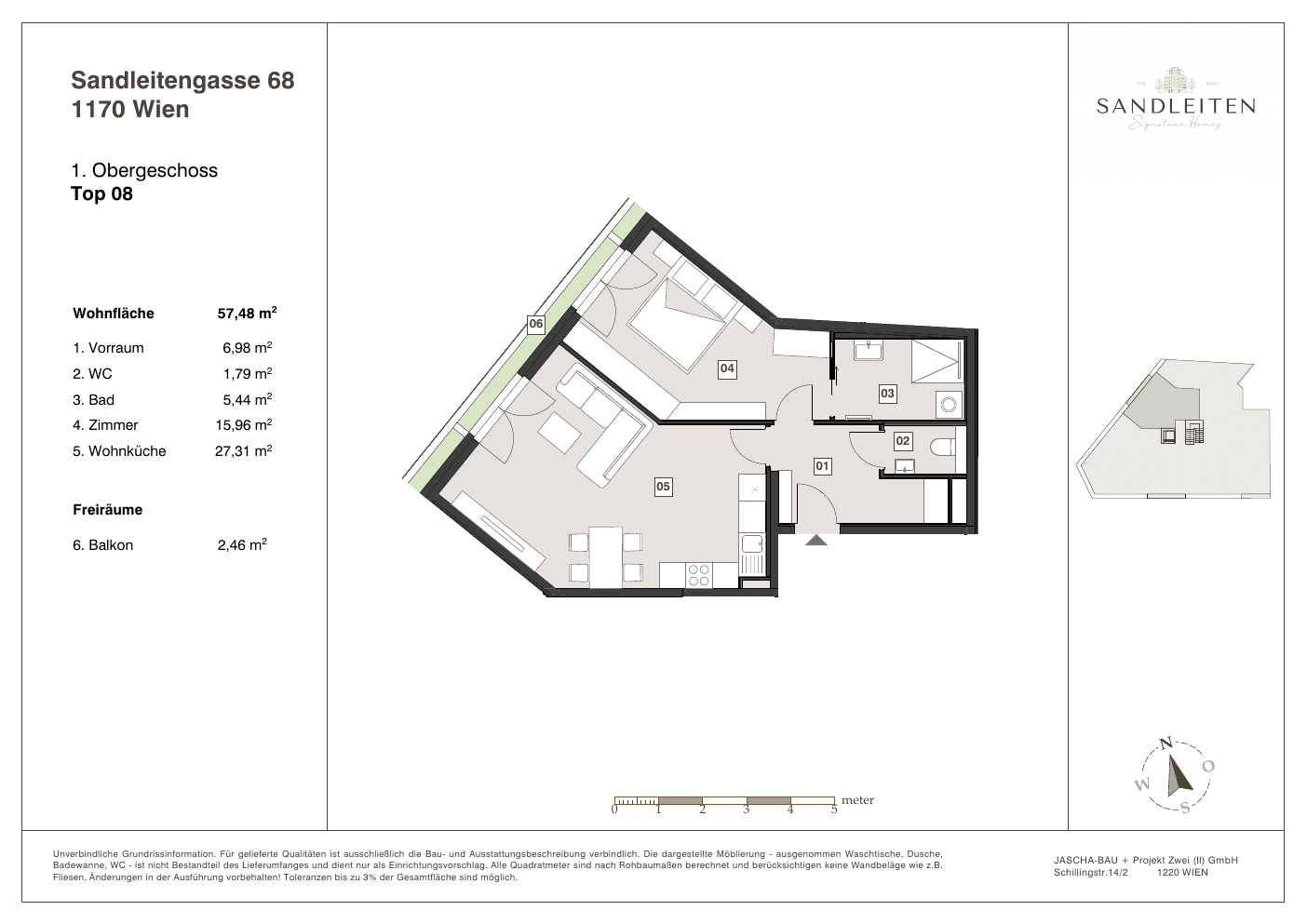 Grundriss Top 8 — Sandleitengasse 68 — 2 Zimmer — 57,5 m² — 1st floor — Balkon