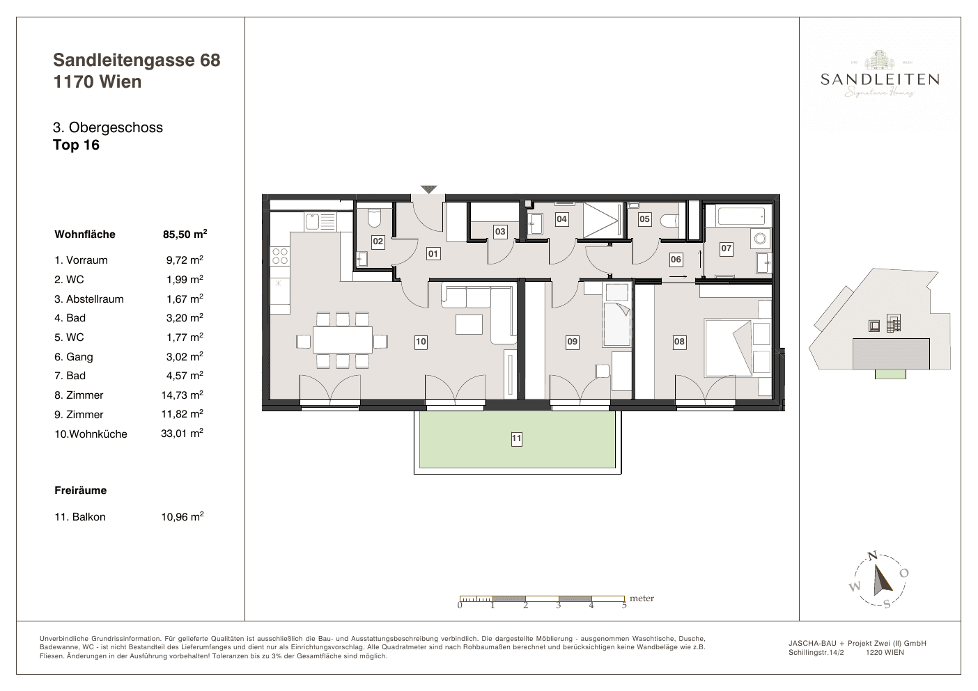 Grundriss Top 16 — Sandleitengasse 68 — 3 Zimmer — 85,5 m² — 3rd floor — Balkon