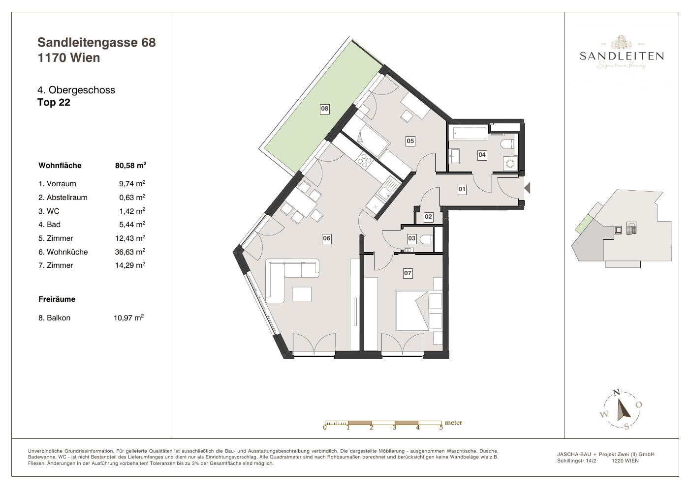 Grundriss Top 22 — Sandleitengasse 68 — 3 Zimmer — 80,6 m² — 4th floor — Balkon