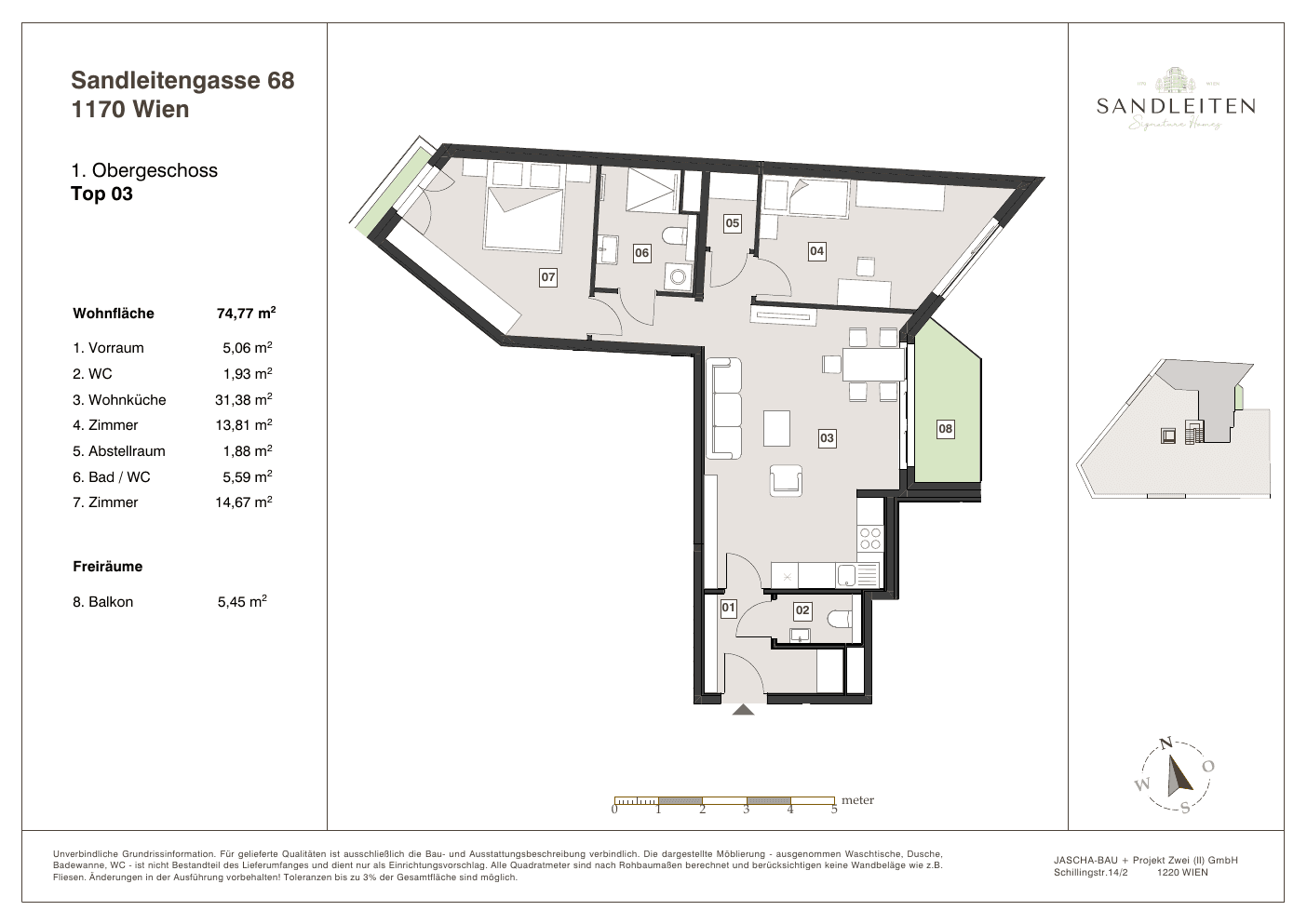 Grundriss Top 3 — Sandleitengasse 68 — 3 Zimmer — 74,8 m² — 1st floor — Balkon