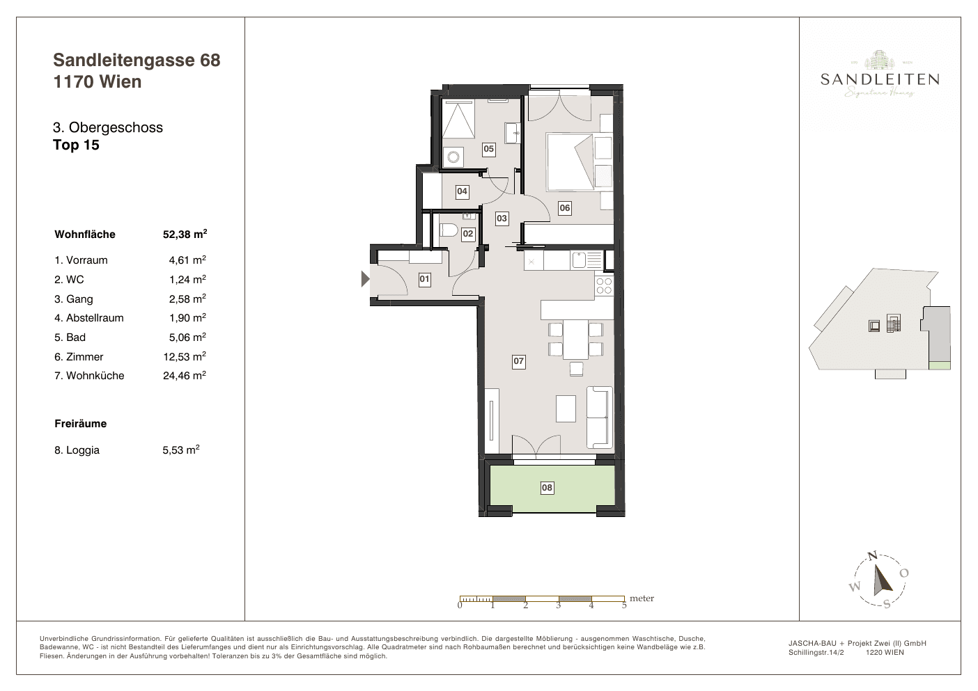 Grundriss Top 15 — Sandleitengasse 68 — 2 Zimmer — 52,4 m² — 3rd floor — Loggia
