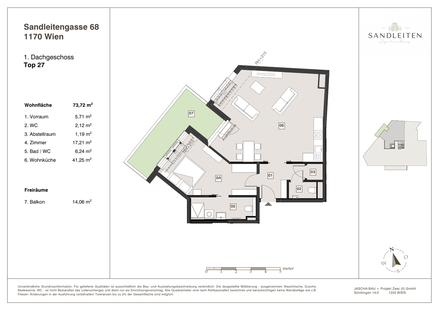 Grundriss Top 27 — Sandleitengasse 68 — 2 Zimmer — 73,7 m² — 1st attic floor — Balkon
