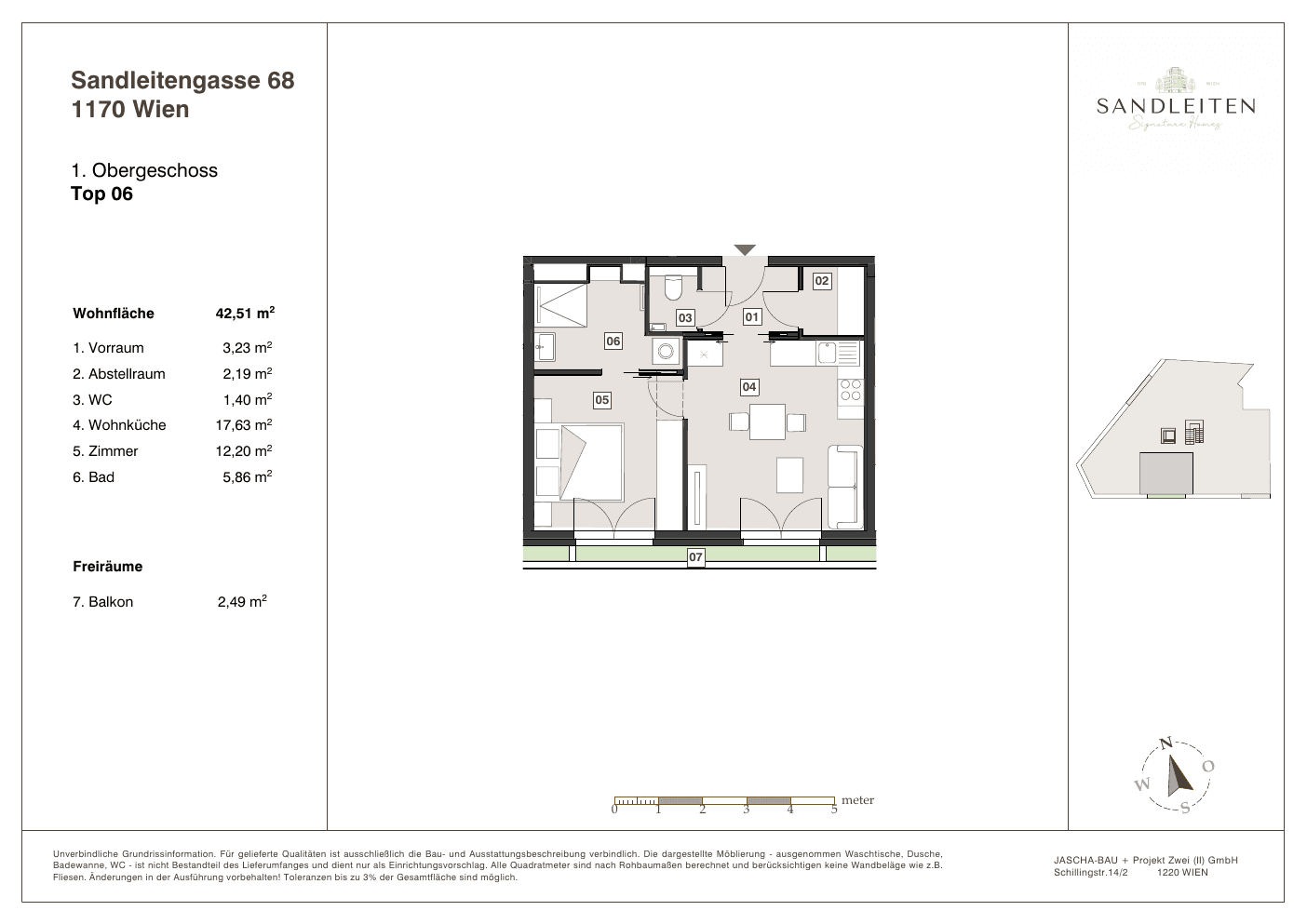 Grundriss Top 6 — Sandleitengasse 68 — 2 Zimmer — 42,5 m² — 1st floor — Balkon