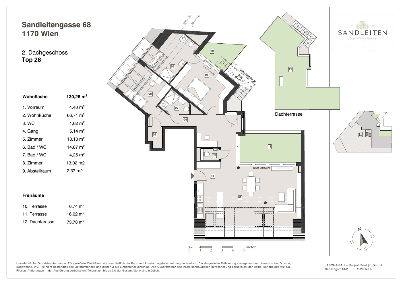 Grundriss Top 28 — Sandleitengasse 68 — 3 Zimmer — 130,3 m² — 2nd attic floor — Terrasse, terrasse