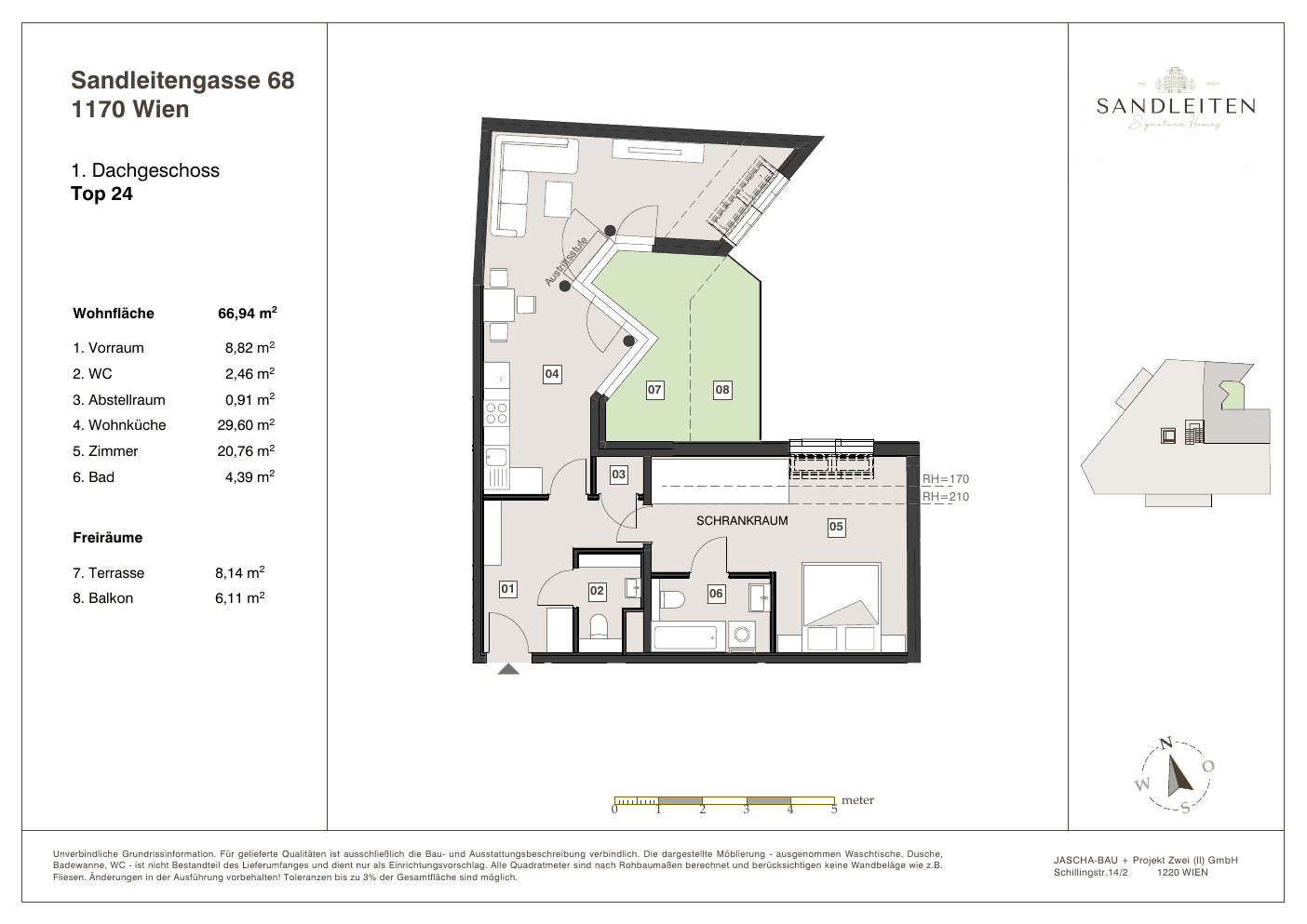 Grundriss Top 24 — Sandleitengasse 68 — 2 Zimmer — 66,9 m² — 1st attic floor — Balkon, Terrasse