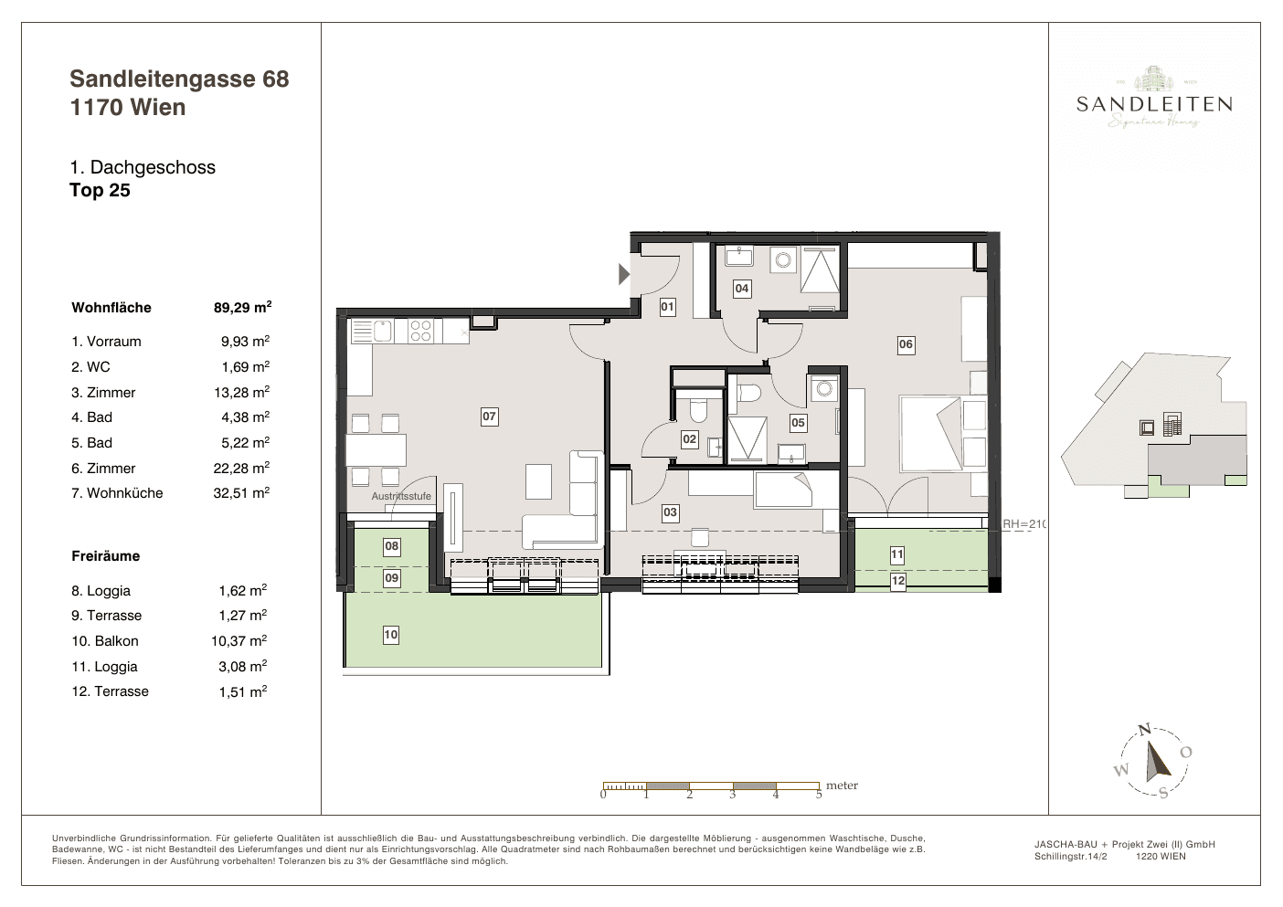 Grundriss Top 25 — Sandleitengasse 68 — 3 Zimmer — 89,3 m² — 1st attic floor — Loggia, Balkon, Terrasse