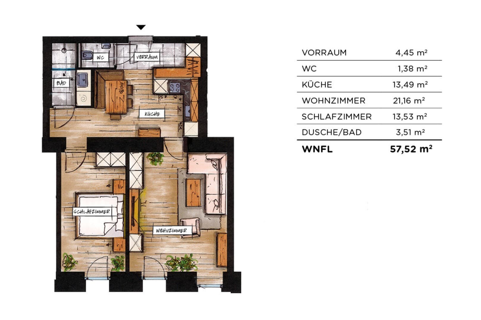 Grundriss Top 13 — soVie — 2 Zimmer — 57,5 m² — 2nd floor