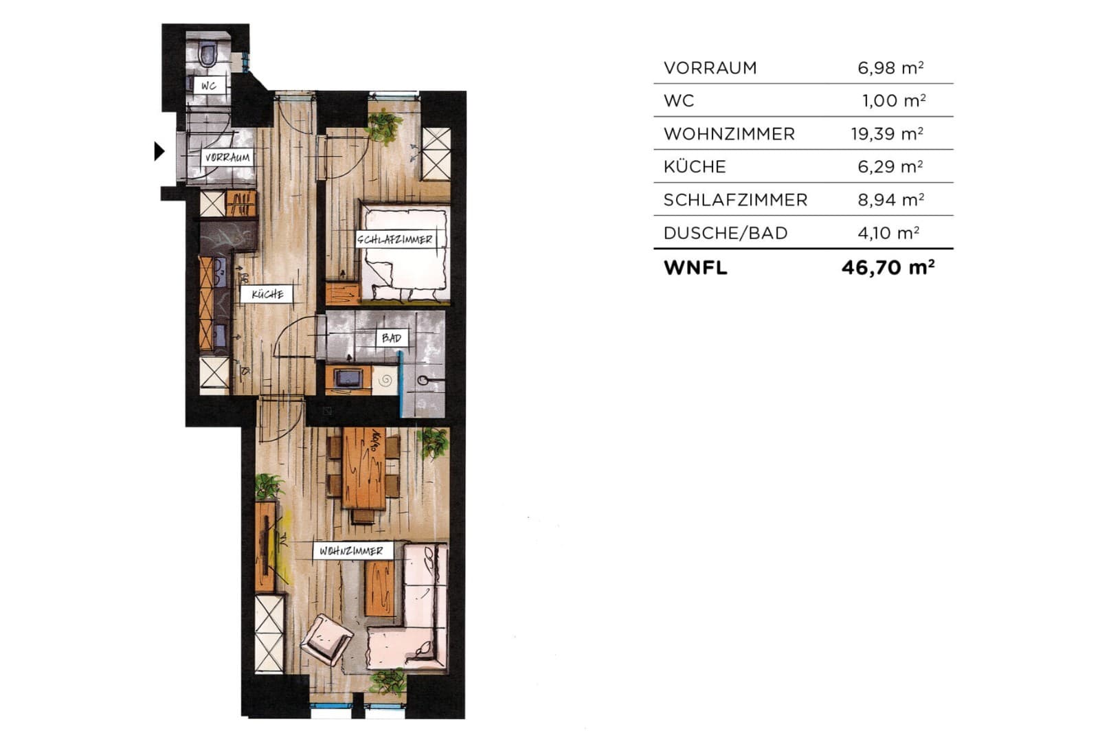 Grundriss Top 03 — soVie — 3 Zimmer — 46,7 m² — Ground floor