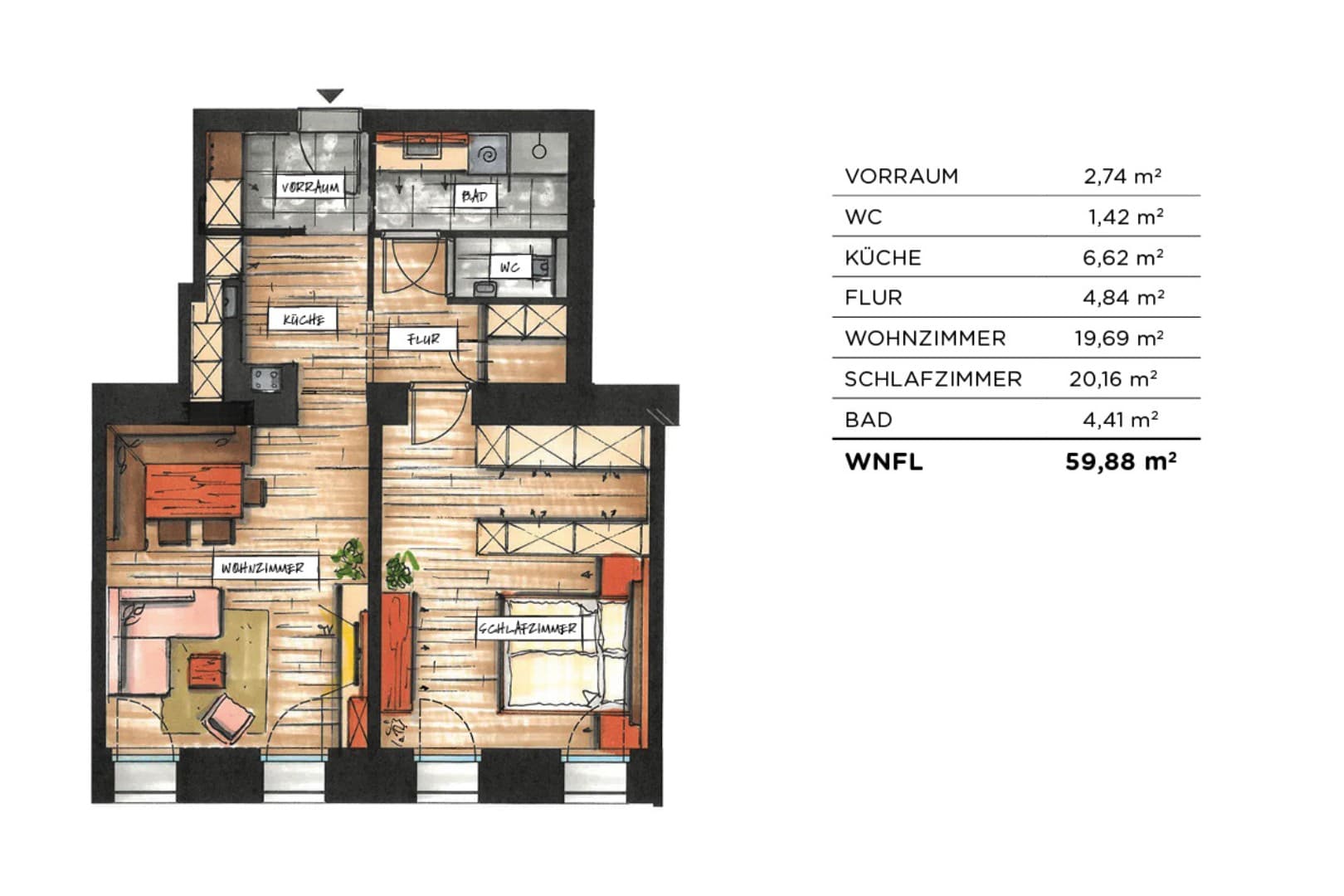Grundriss Top 04 — soVie — 2 Zimmer — 59,9 m² — Ground floor