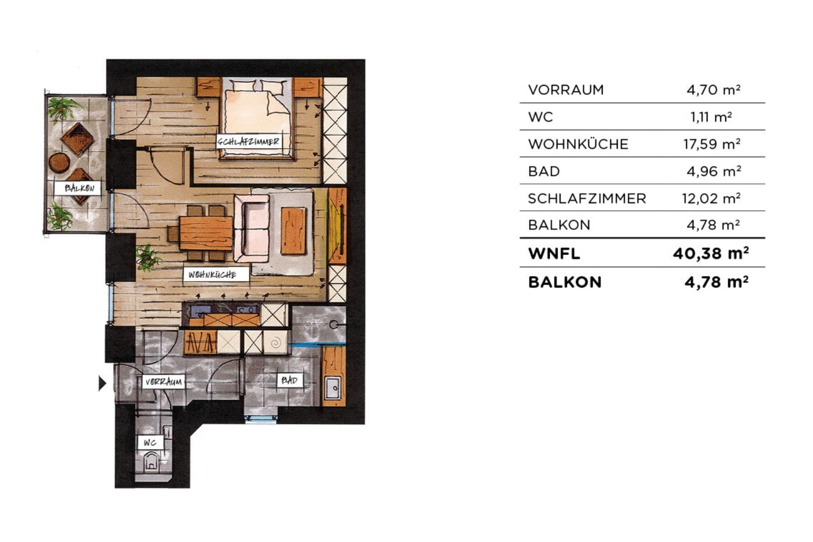 Grundriss Top 07 — soVie — 2 Zimmer — 40,4 m² — Ground floor
