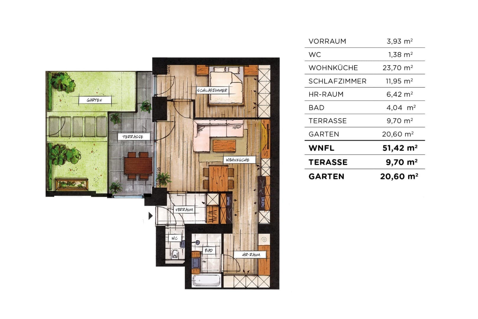 Grundriss Top 02 — soVie — 2 Zimmer — 51,4 m² — Ground floor