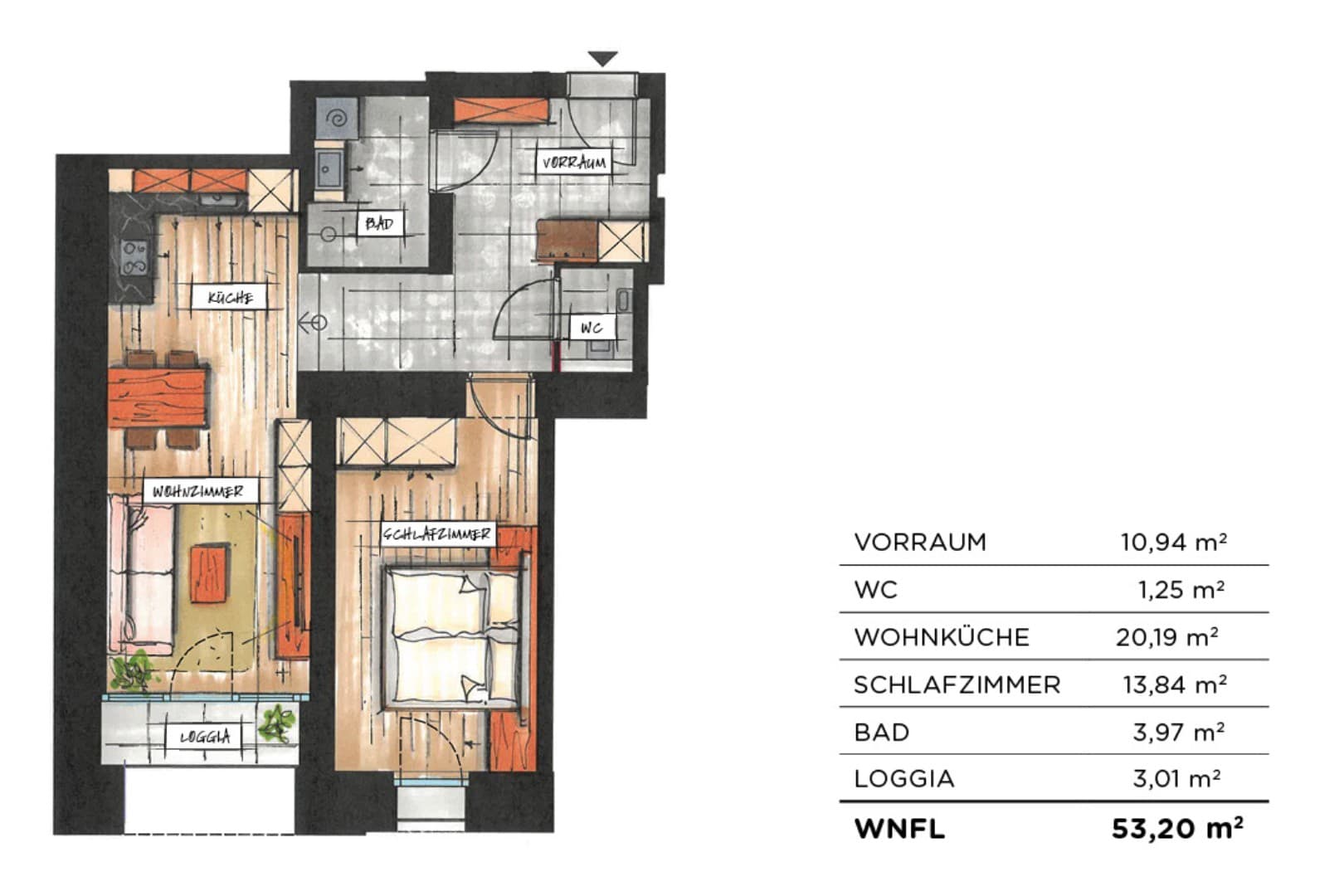 Grundriss Top 05 — soVie — 2 Zimmer — 53,2 m² — Ground floor