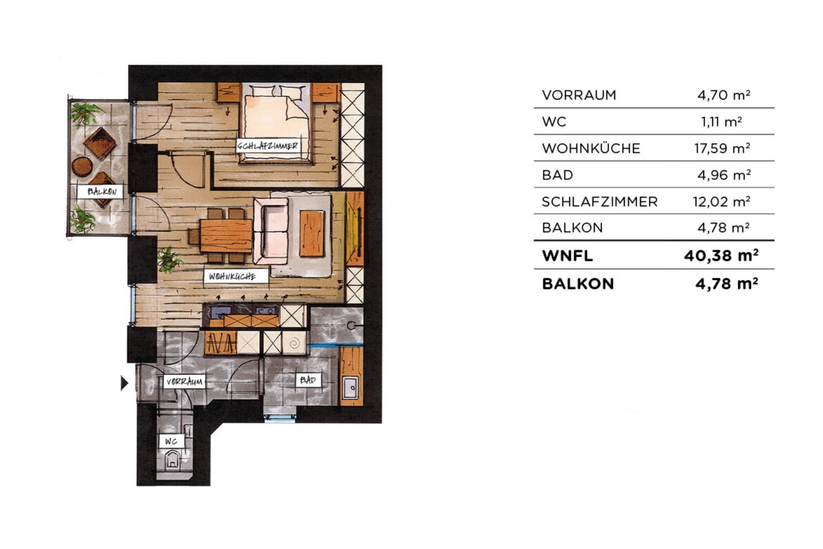 Grundriss Top 19 — soVie — 2 Zimmer — 40,4 m² — 3rd floor