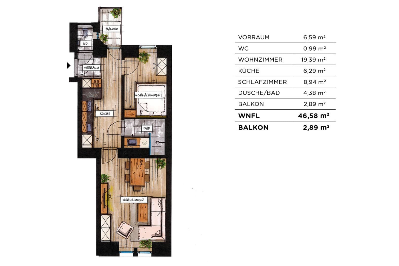 Grundriss Top 08 — soVie — 2 Zimmer — 46,6 m² — 1st floor