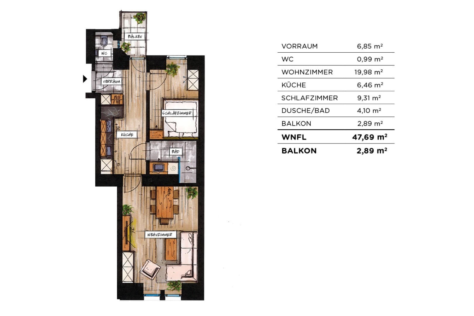 Grundriss Top 12 — soVie — 2 Zimmer — 47,7 m² — 2nd floor