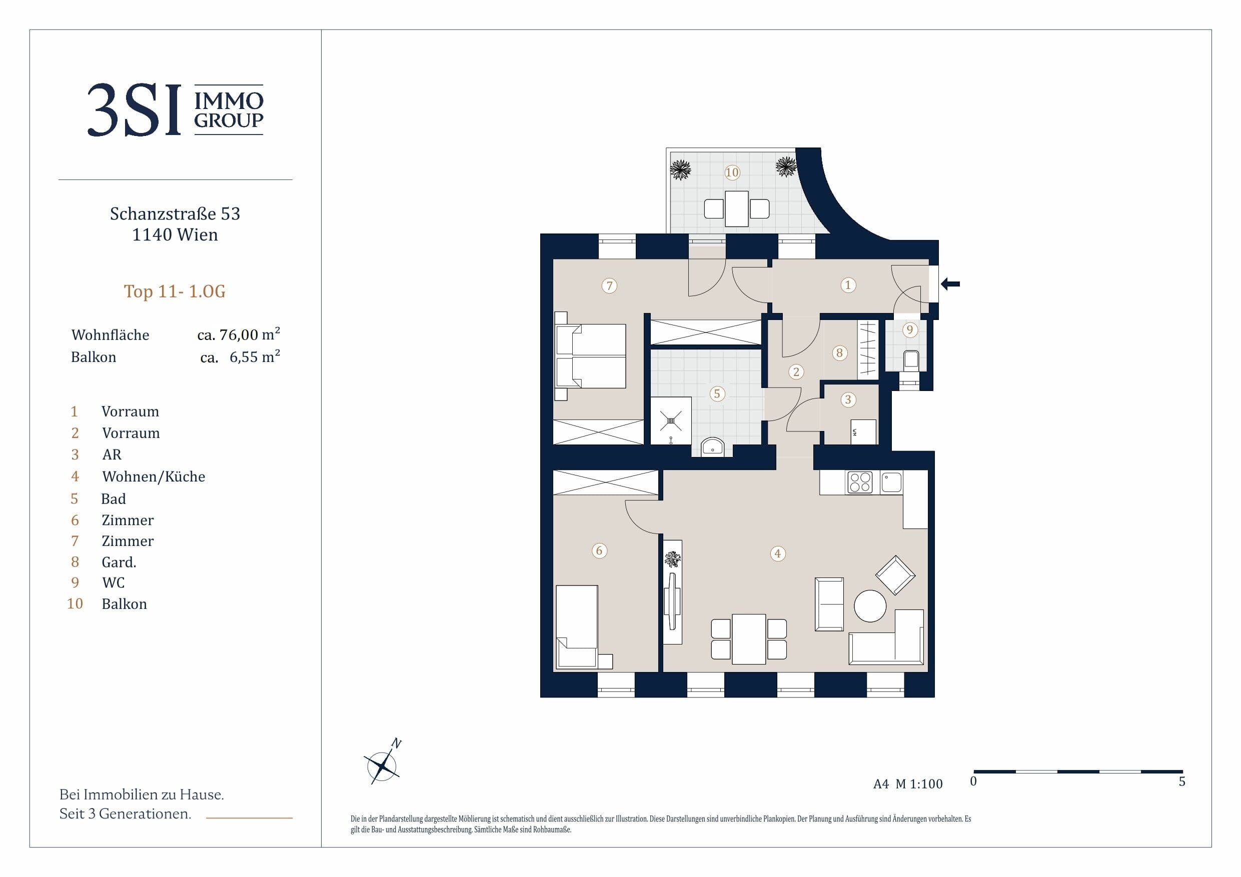 Grundriss Top 11-12 — Schanzstraße 53 — 3 Zimmer — 76 m² — 1st floor