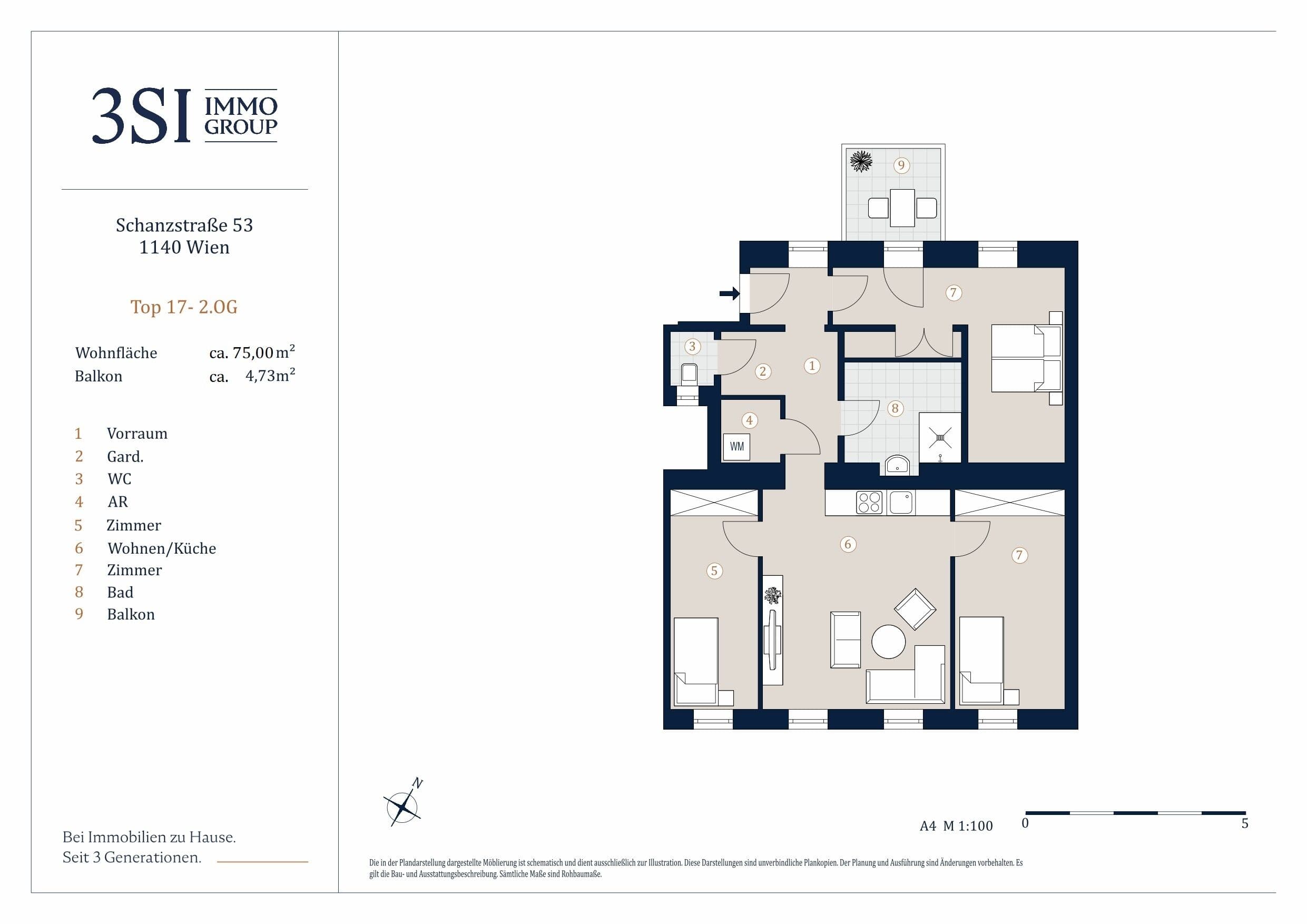 Grundriss Top 17-18 — Schanzstraße 53 — 4 Zimmer — 75 m² — 2nd floor