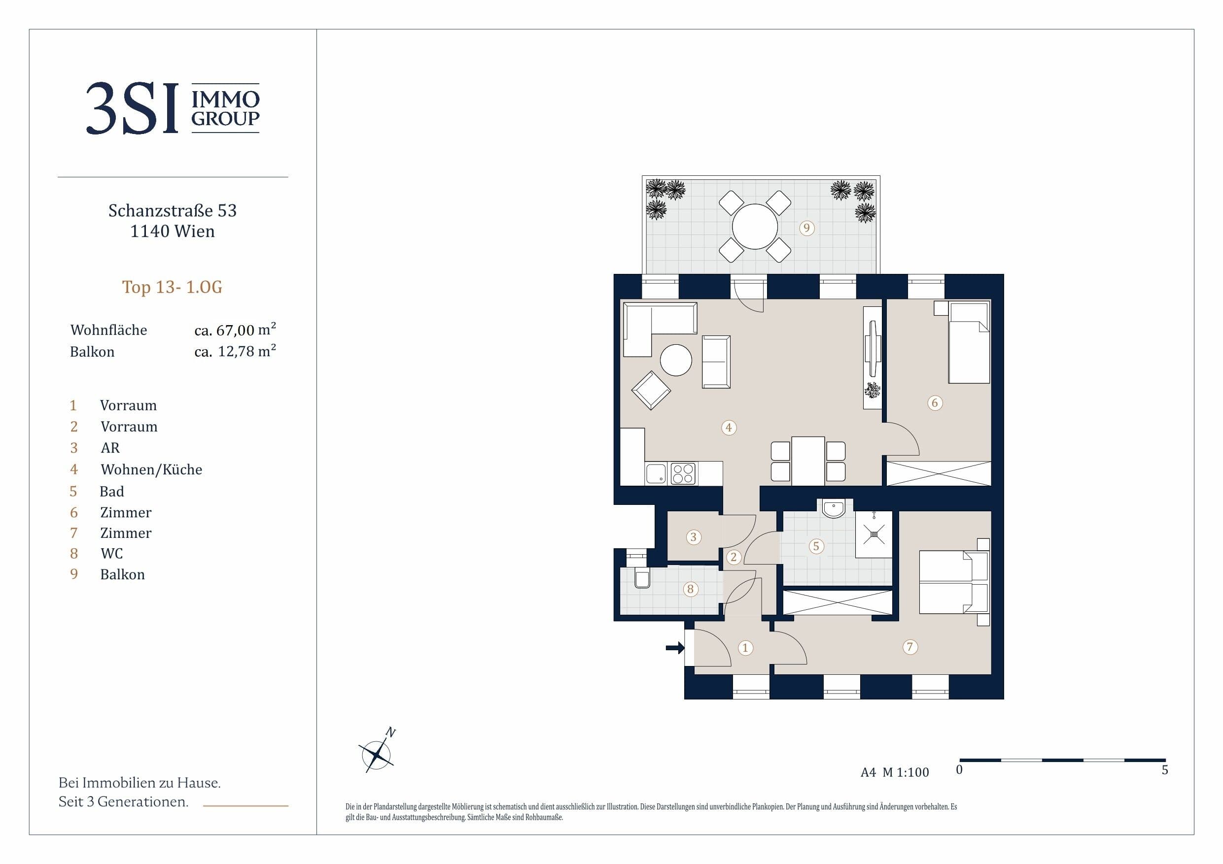 Grundriss Top 13-14 — Schanzstraße 53 — 3 Zimmer — 67 m² — 1st floor