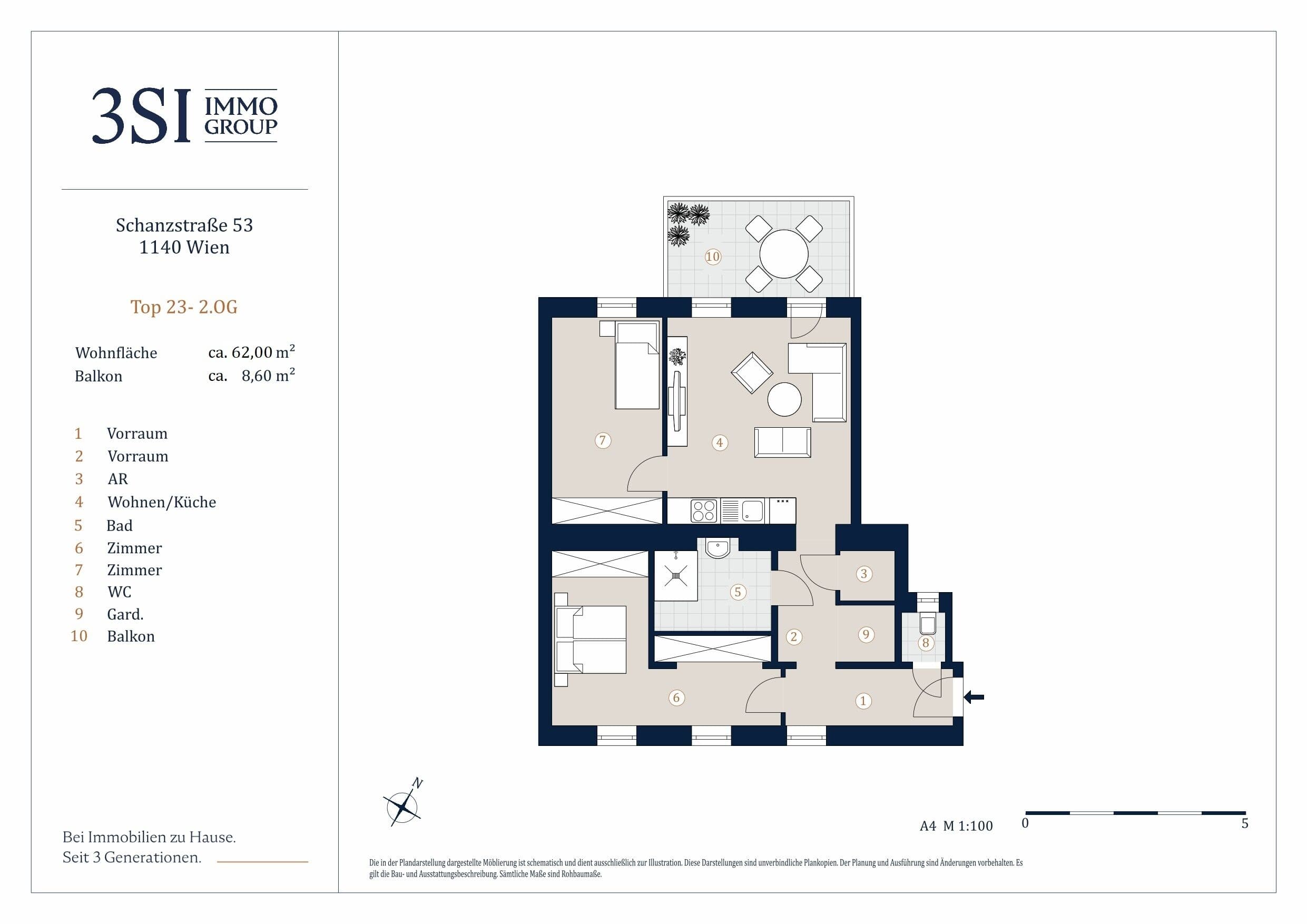 Grundriss Top 23-24 — Schanzstraße 53 — 3 Zimmer — 62 m² — 2nd floor