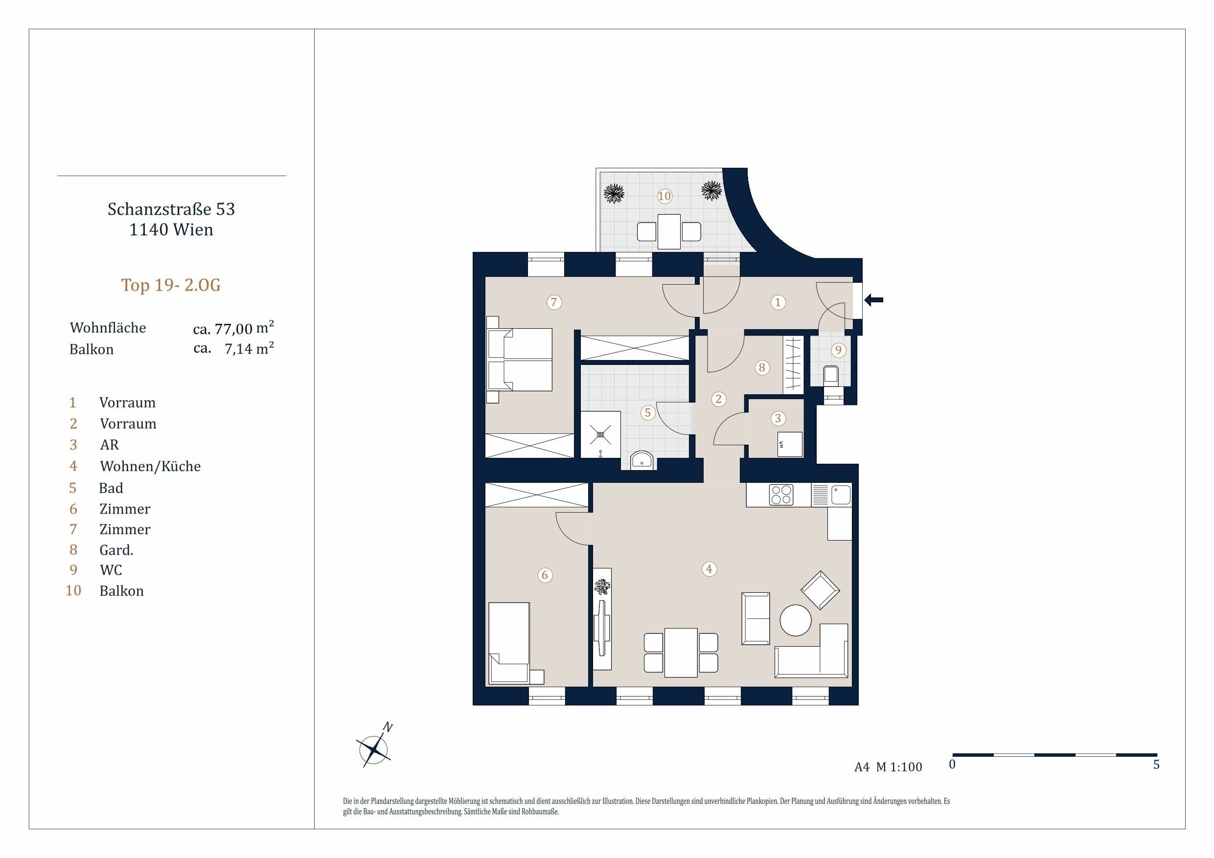 Grundriss Top 19-20 — Schanzstraße 53 — 3 Zimmer — 77 m² — 2nd floor