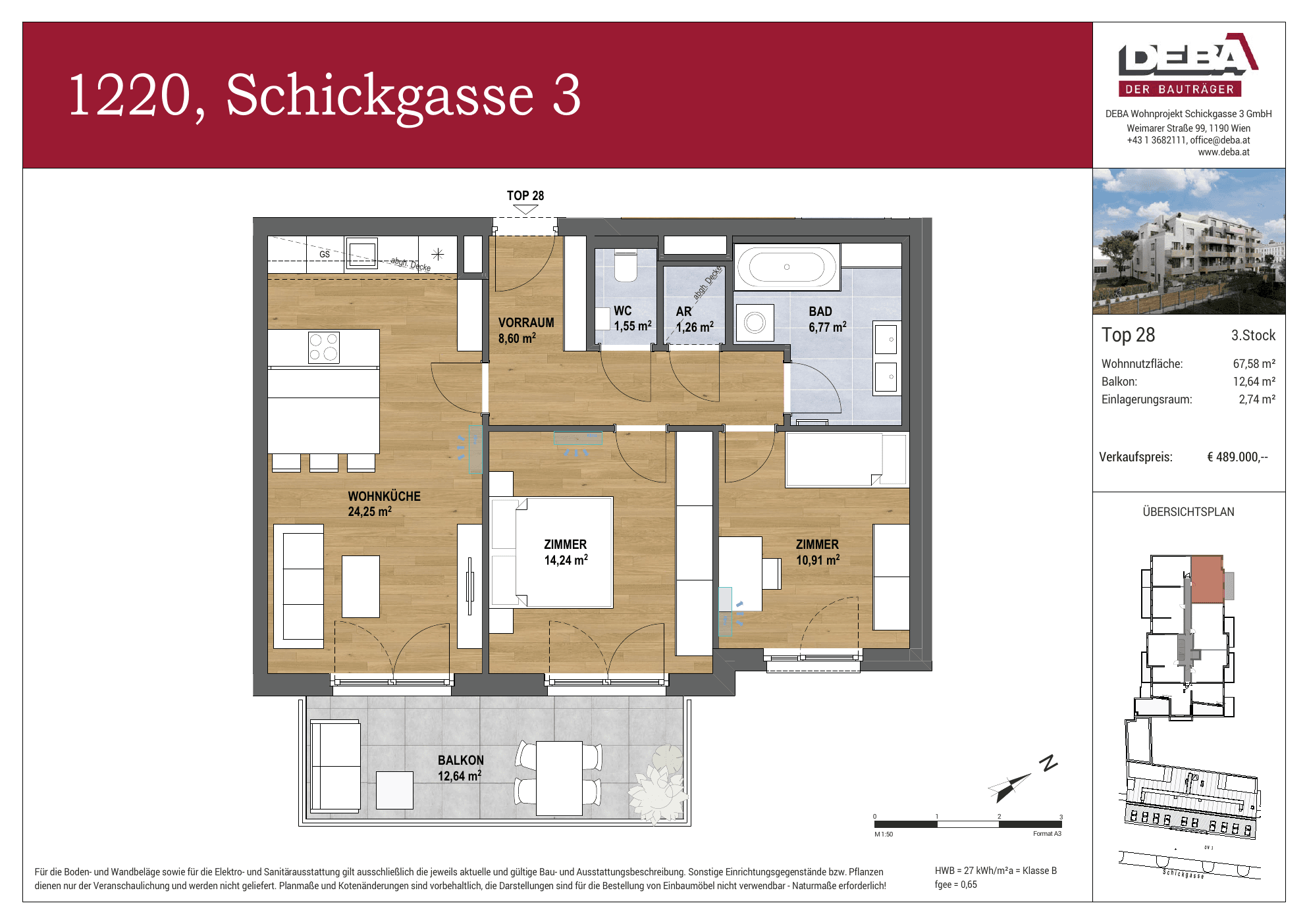 Grundriss Top 2.28 — Schickgasse 3 — 3 Zimmer — 67,6 m² — 3rd floor — Balkon