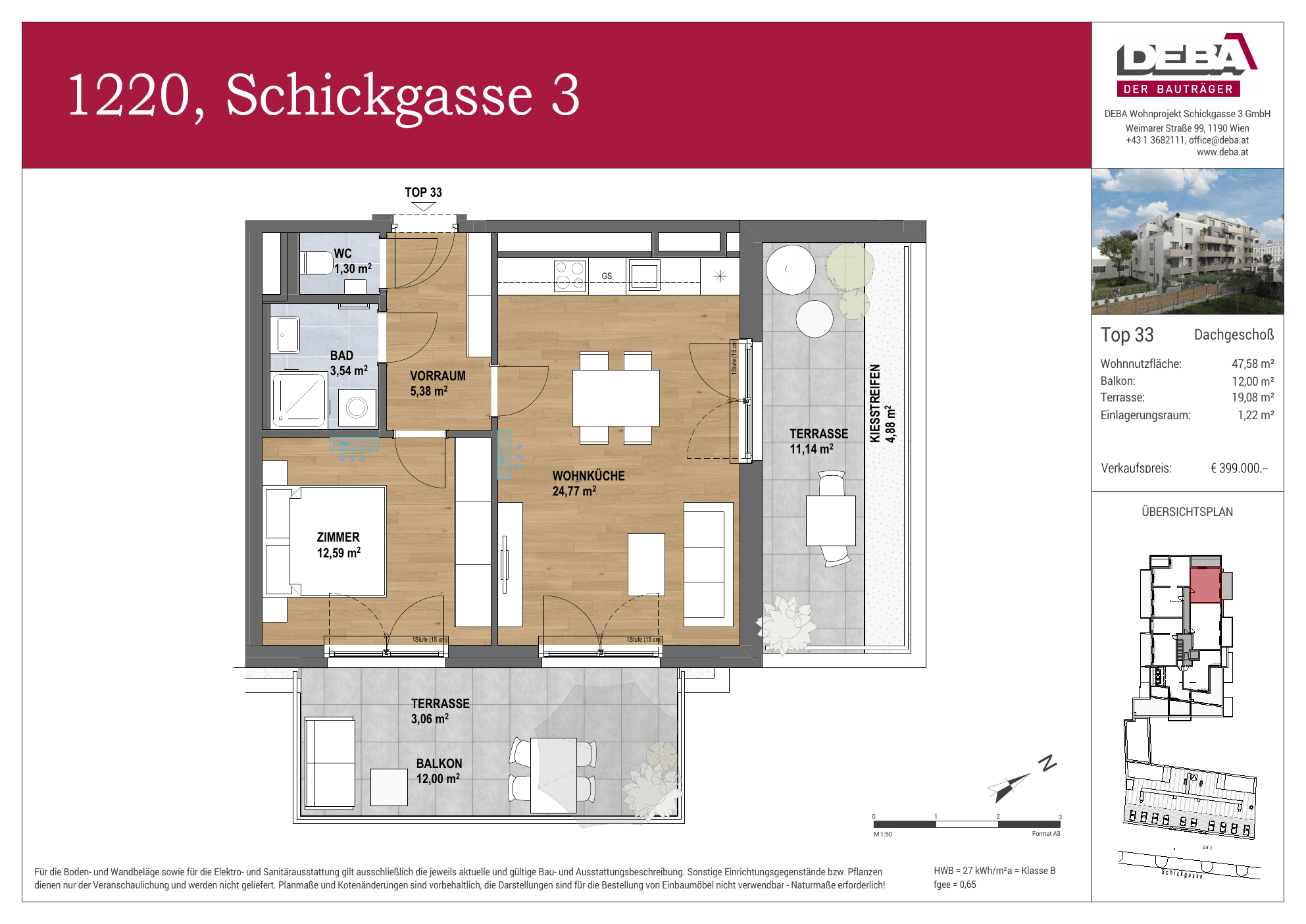 Grundriss Top 2.33 — Schickgasse 3 — 2 Zimmer — 47,6 m² — Attic floor — Terrasse, Balkon