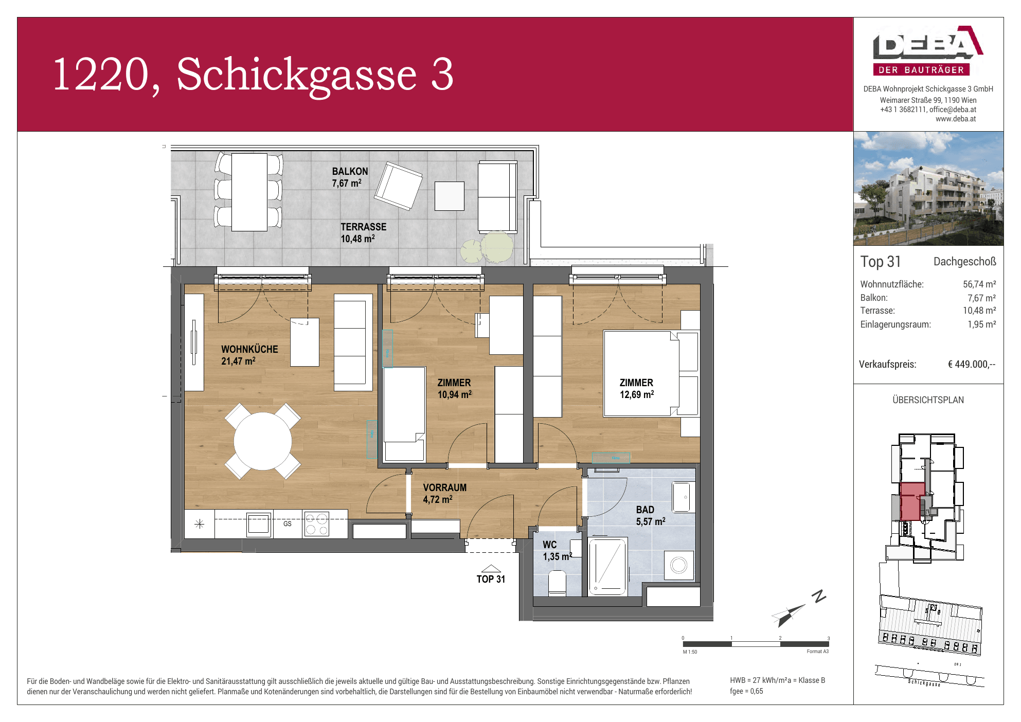 Grundriss Top 2.31 — Schickgasse 3 — 3 Zimmer — 56,7 m² — Attic floor — Terrasse, Balkon