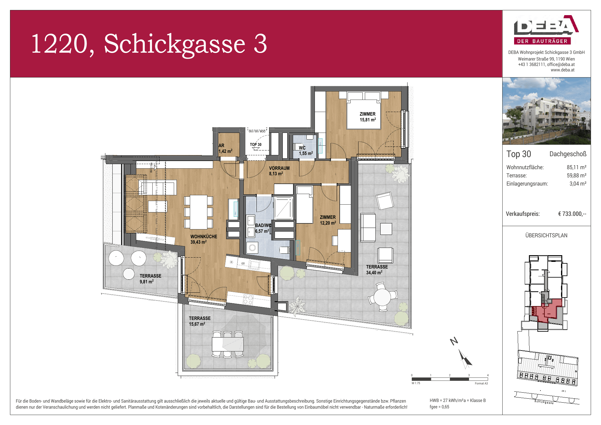 Grundriss Top 2.30 — Schickgasse 3 — 3 Zimmer — 85,1 m² — Attic floor — Terrasse