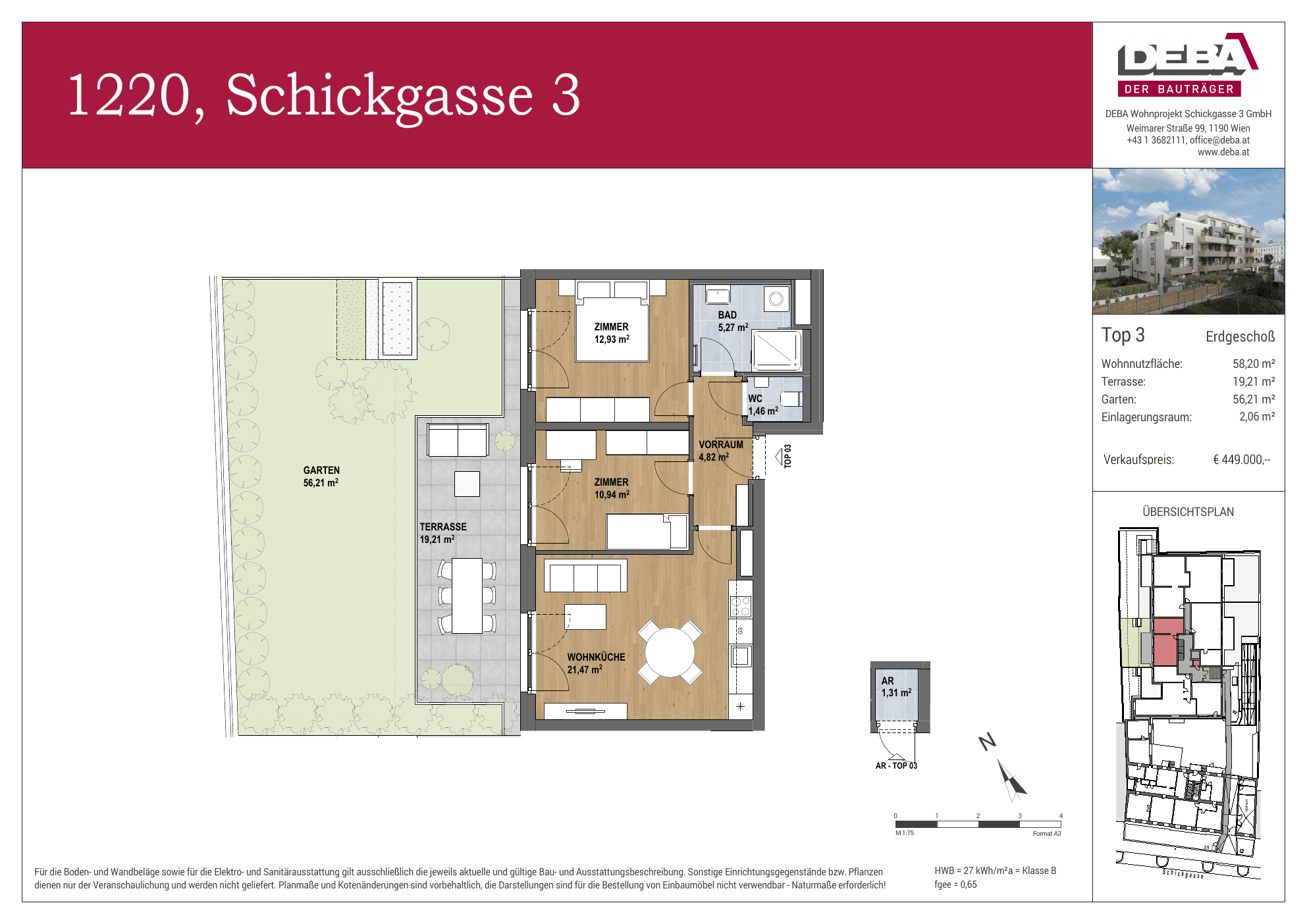 Grundriss Top 2.03 — Schickgasse 3 — 3 Zimmer — 58,2 m² — Ground floor — Terrasse, Garten