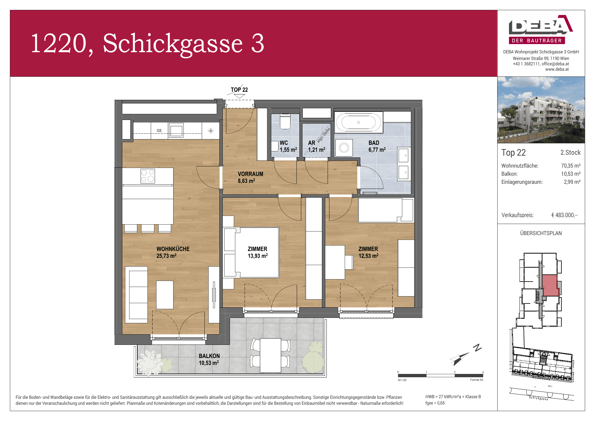 Grundriss Top 2.22 — Schickgasse 3 — 3 Zimmer — 70,4 m² — 2nd floor — Balkon