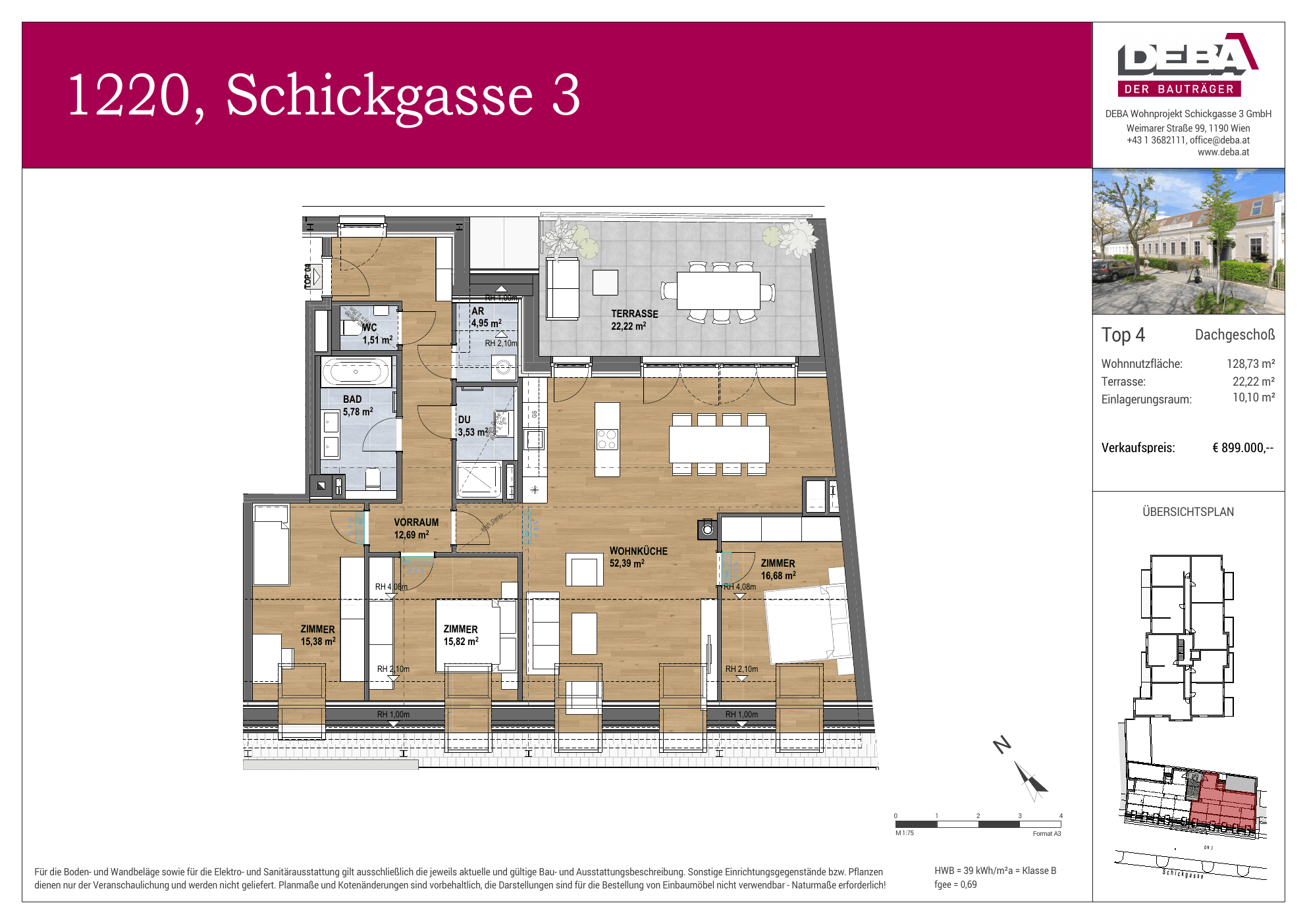 Grundriss Top 1.04 — Schickgasse 3 — 4 Zimmer — 128,7 m² — Attic floor — Terrasse