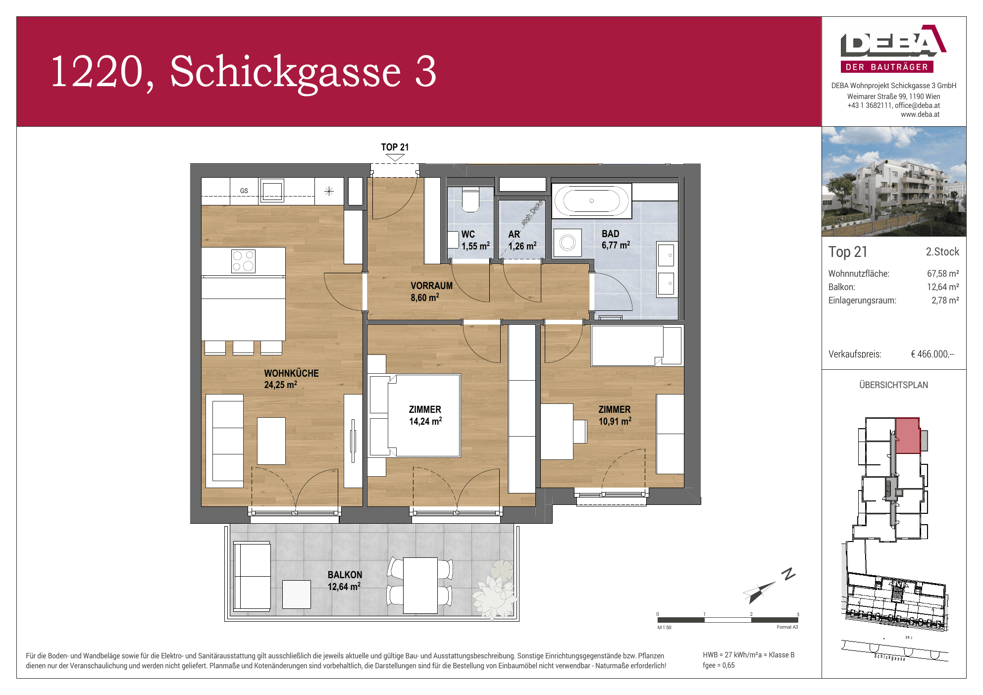 Grundriss Top 2.21 — Schickgasse 3 — 3 Zimmer — 67,6 m² — 2nd floor — Balkon