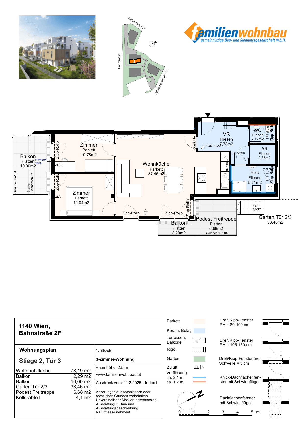 Grundriss Stiege 2 Top 3 — Schleusenstraße 1A / Bahnstraße 2F — 3 Zimmer — 78,2 m² — 1st floor — Grundriss 2/2
