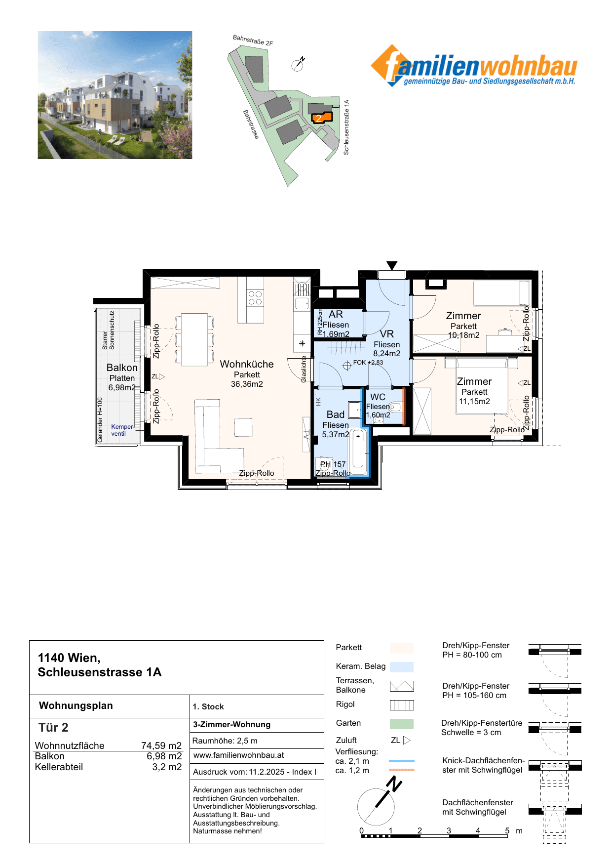 Grundriss Stiege 1A Top 2 — Schleusenstraße 1A / Bahnstraße 2F — 3 Zimmer — 74,6 m² — 1st floor